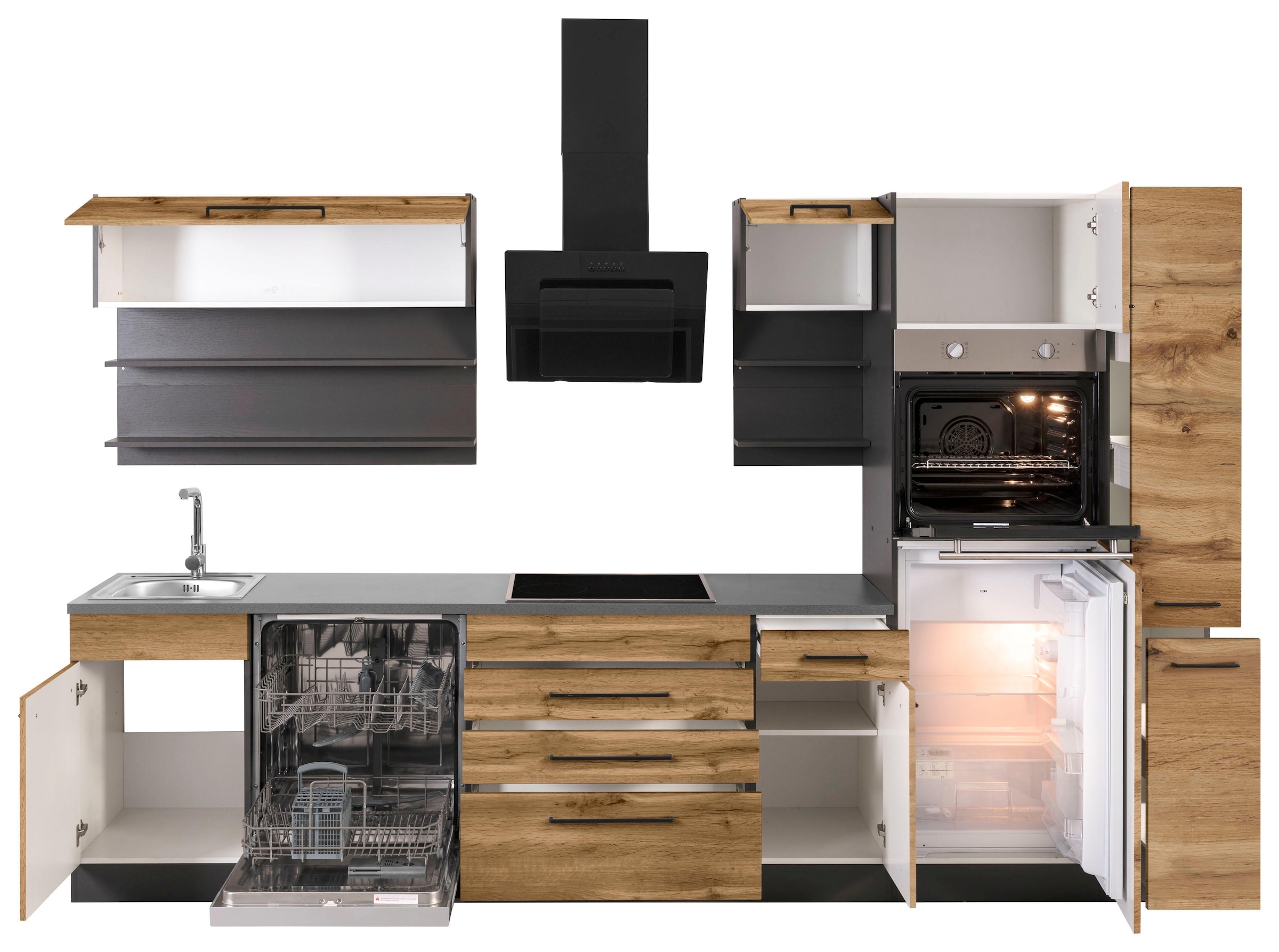 KOCHSTATION Küchenzeile »KS-Tulsa«, ohne E-Geräte, Breite 320 cm, schwarze Metallgriffe, MDF Fronten