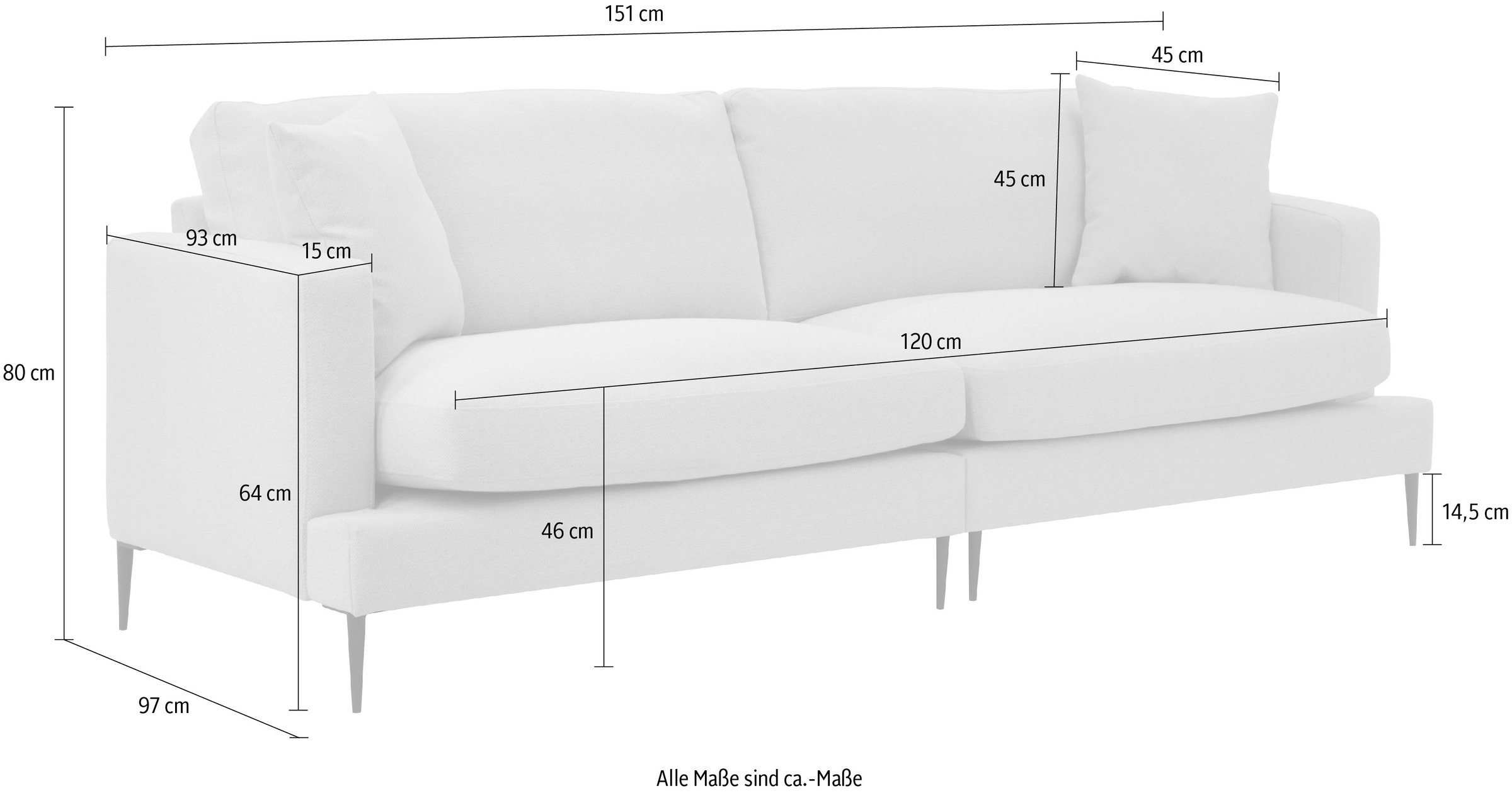 Leonique 2-Sitzer »Cozy elegantes Designsofa, Maße B/T/H: 151/97/80 cm«, mit losen Kissen und Metallbeinen