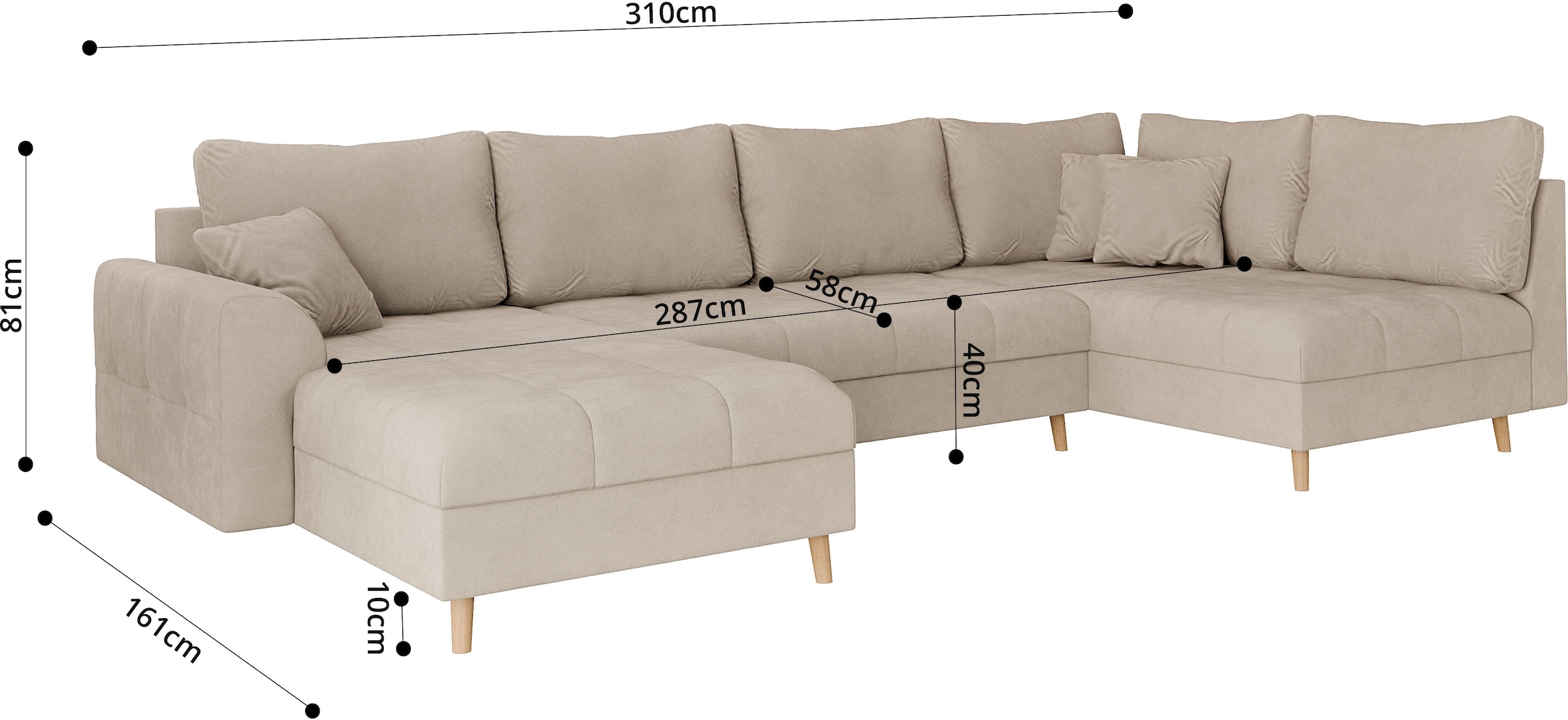 Home affaire Wohnlandschaft »CHARRE U-Form mit Ottomane, Maße B/T/H: 310/161/81 cm«, feine Steppung, lose Rücken- und Zierkissen, auch in Cord und Bouclé