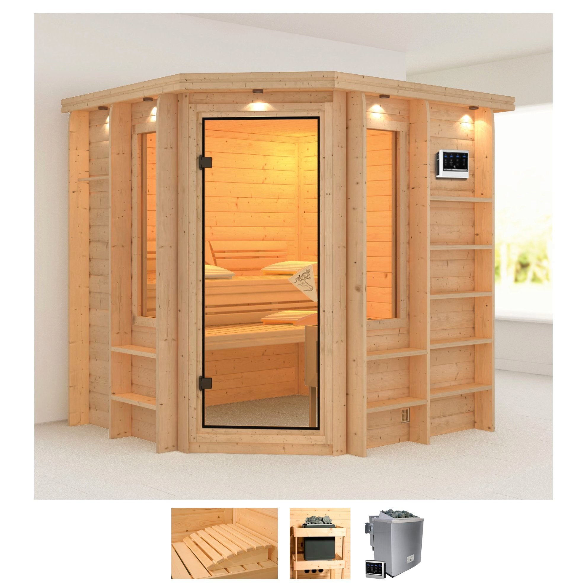 Karibu Sauna »Corvina«, (Set), 9-kW-Bio-Ofen mit externer Steuerung günstig online kaufen