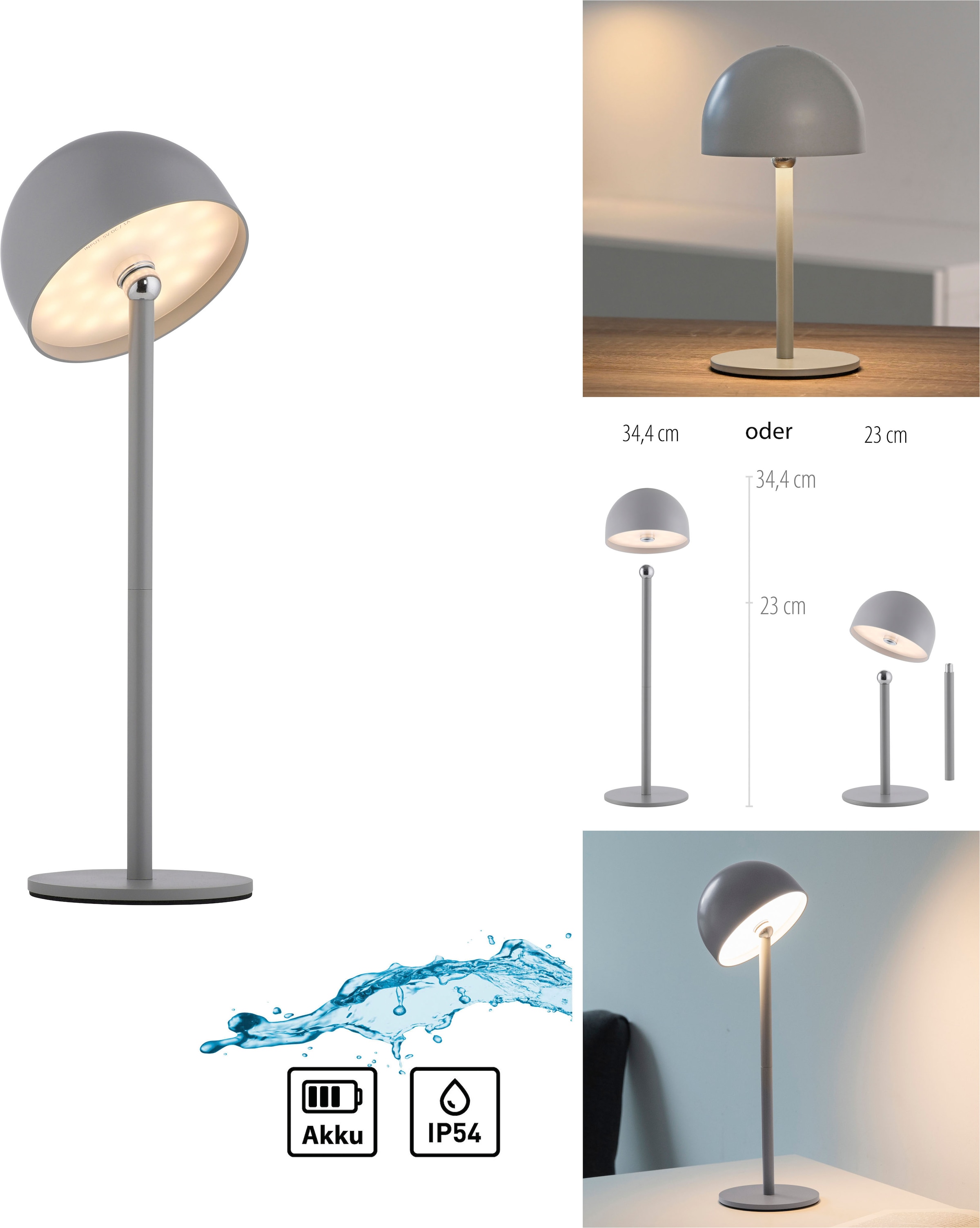 OTTO home Tischleuchte »Akku Tischlampe Gerrin Indoor Outdoor, magnetischer Flaschenaufsatz« LED-Board Warmweiß Pilzlampe Flaschenaufsatz, Regulierung der Lichtstärke, Pilz, Lampe