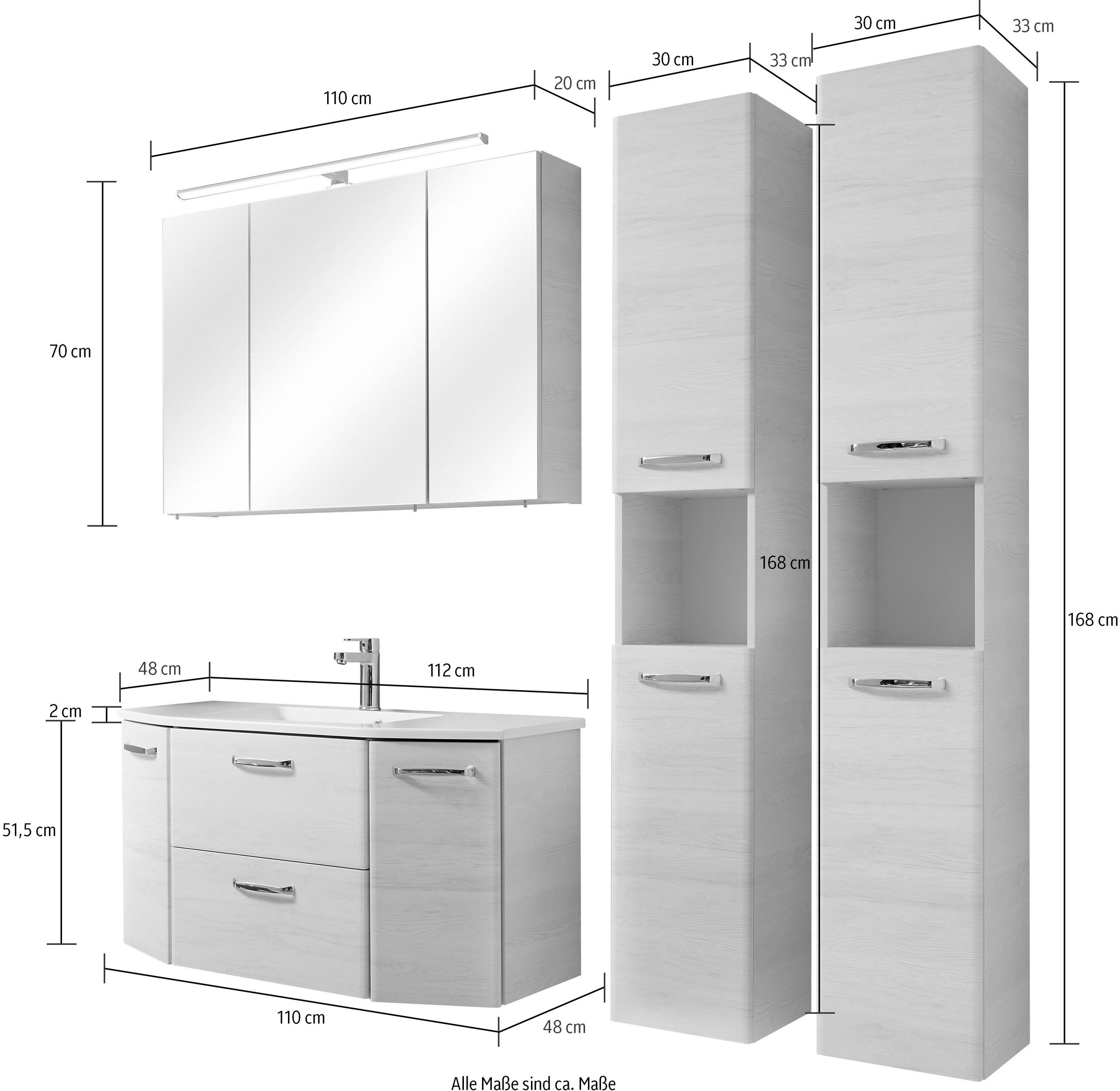 Saphir Badmöbel-Set »Quickset 936 4-teilig, Mineralmarmor-Waschtisch und LED-Spiegelschrank«, (Set, 4 St.), 2 Hochschränke, Eiche Weiß quer Nachbildung, inkl. Türdämpfer, 9 Türen