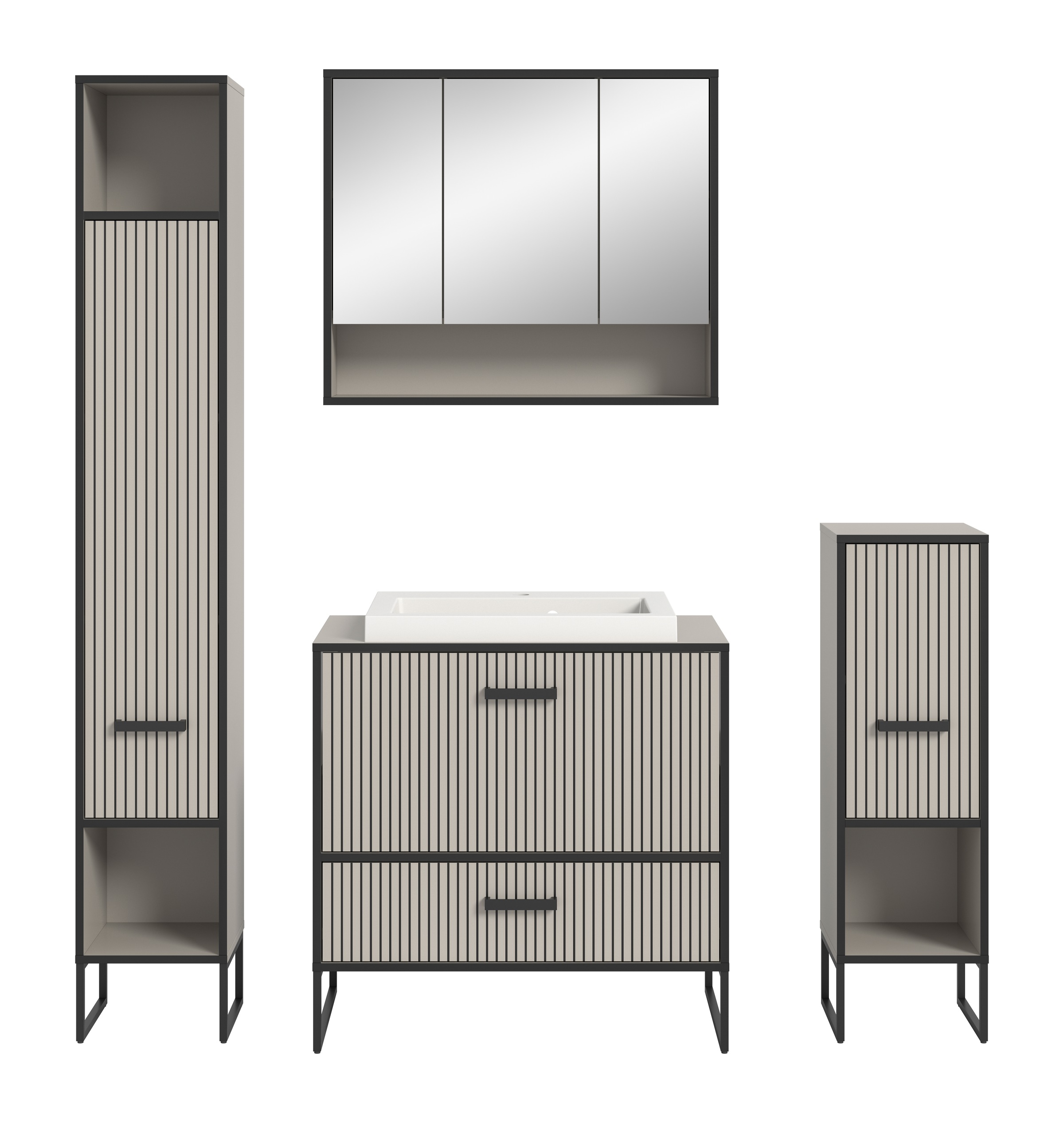 welltime Badmöbel-Set »Locri, Breite 170 cm, Rillenoptik, Metallkufen«, (4 St.), best. aus: Hochschrank, Spiegelschrank, Standschrank, Waschtisch