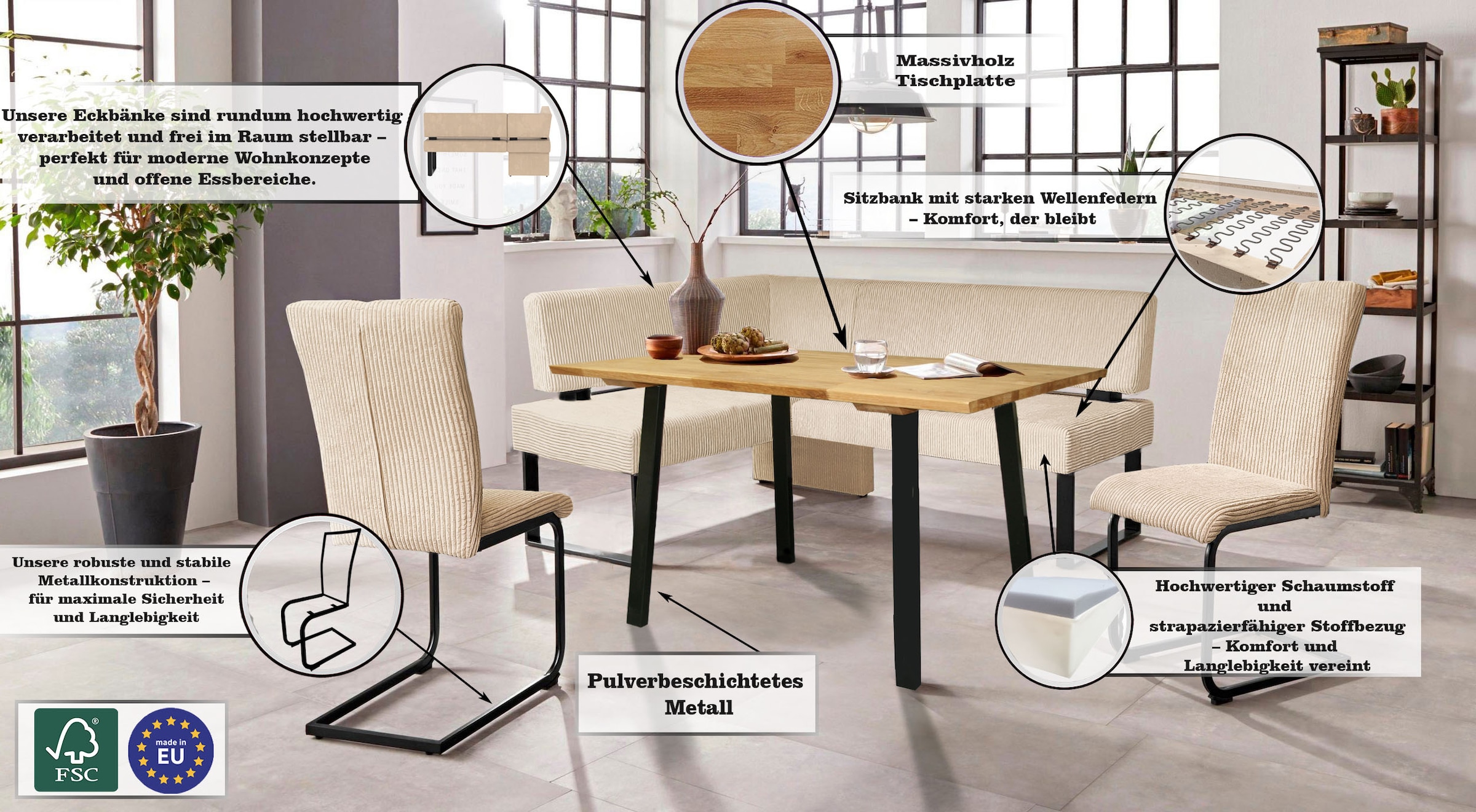 Home affaire Eckbankgruppe »Oliver«, (Set, 4 tlg., 4-tlg), Eckbank mit Wellenunterfederung im Sitz, Tisch Massiv Eiche