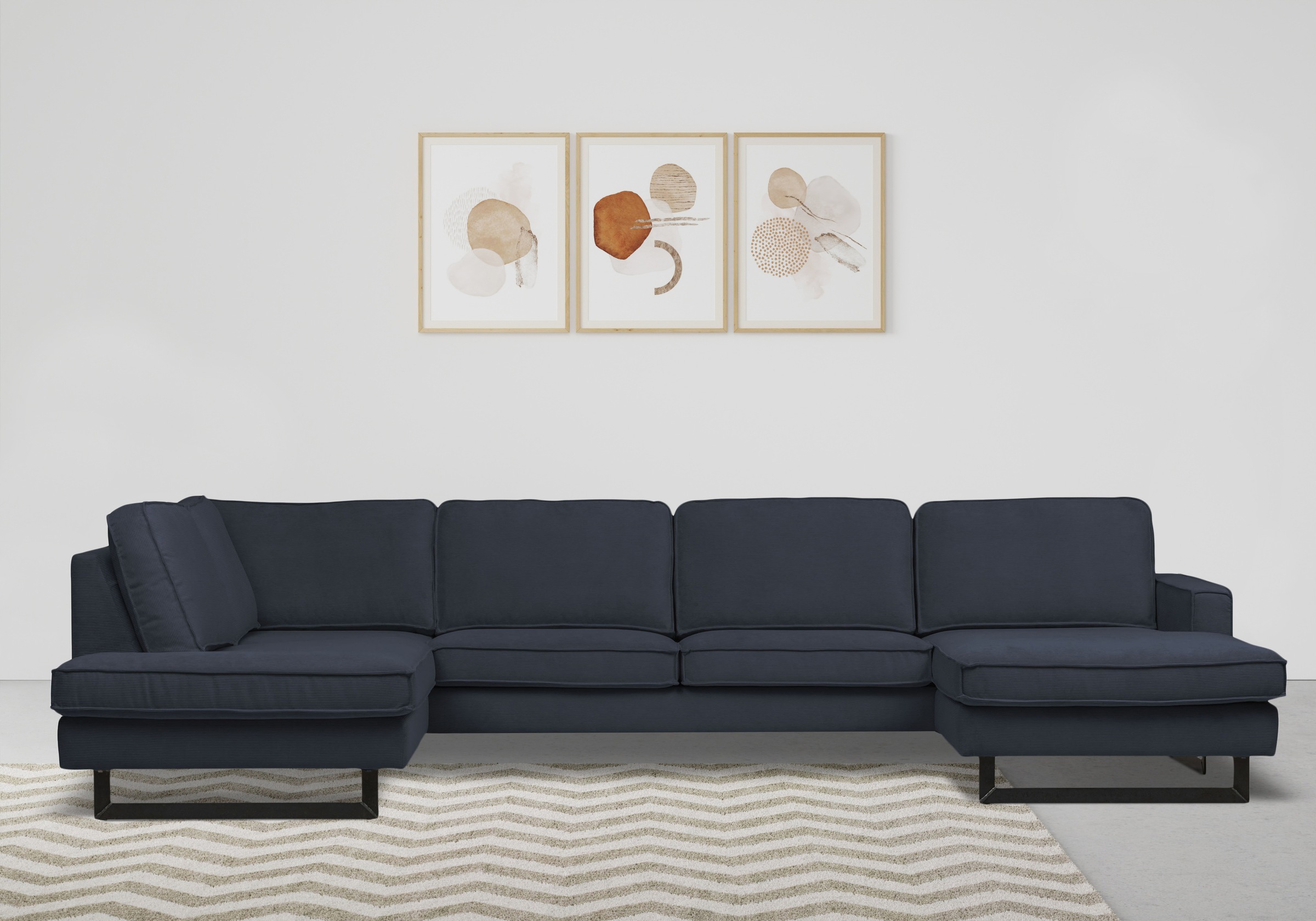 Places of Style Wohnlandschaft »Pinto, 350 cm, U-Form, XXL, mit Ottomanen«, Cord, Chenille, Lederoptik, mit Keder, Metallfüße, Wellenunterfederung
