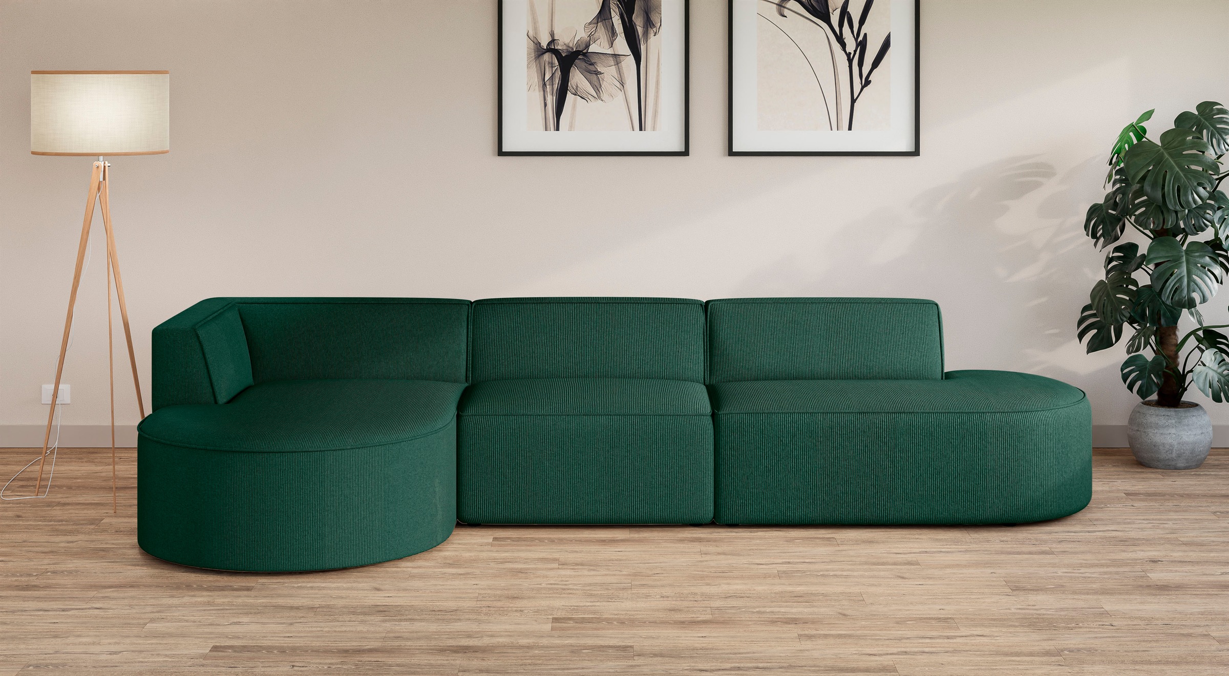 andas Ecksofa »EIVIND Designer Sofa mit Ottomane rechts/links, B/T/H: 343/159/72 cm«, L-Form mit Wellenunterfederung, auch in Feincord und Bouclé
