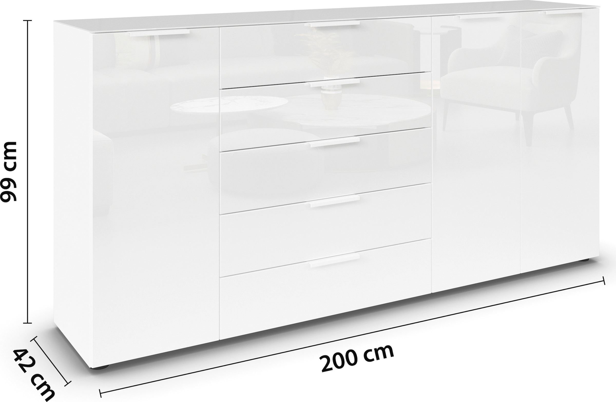 rauch Kombikommode »Kommode Türkommode Sideboard Kombikommode FLIPP mit Glasfront«, (Breite 200 cm mit 4 Einlegeböden), 3-türig, 5 Schubladen, Soft-Close-Funktion, Oberboden und Front Glas