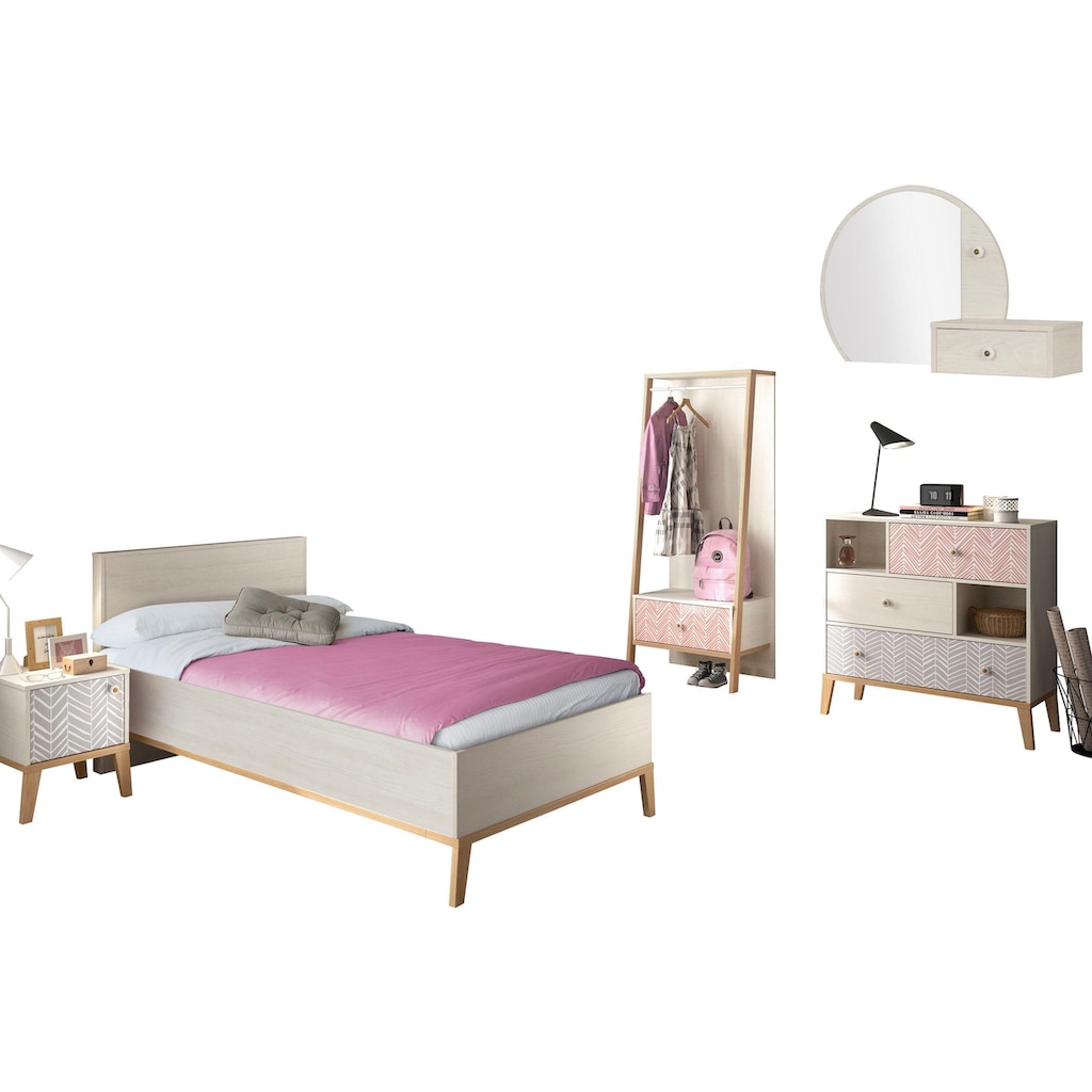 Gami Jugendzimmer-Set »Alika«, (Set, 5 St., Kleiderständer, Bett, Nachttisch, Kommode und passender Aufsatz mit Spiegel)
