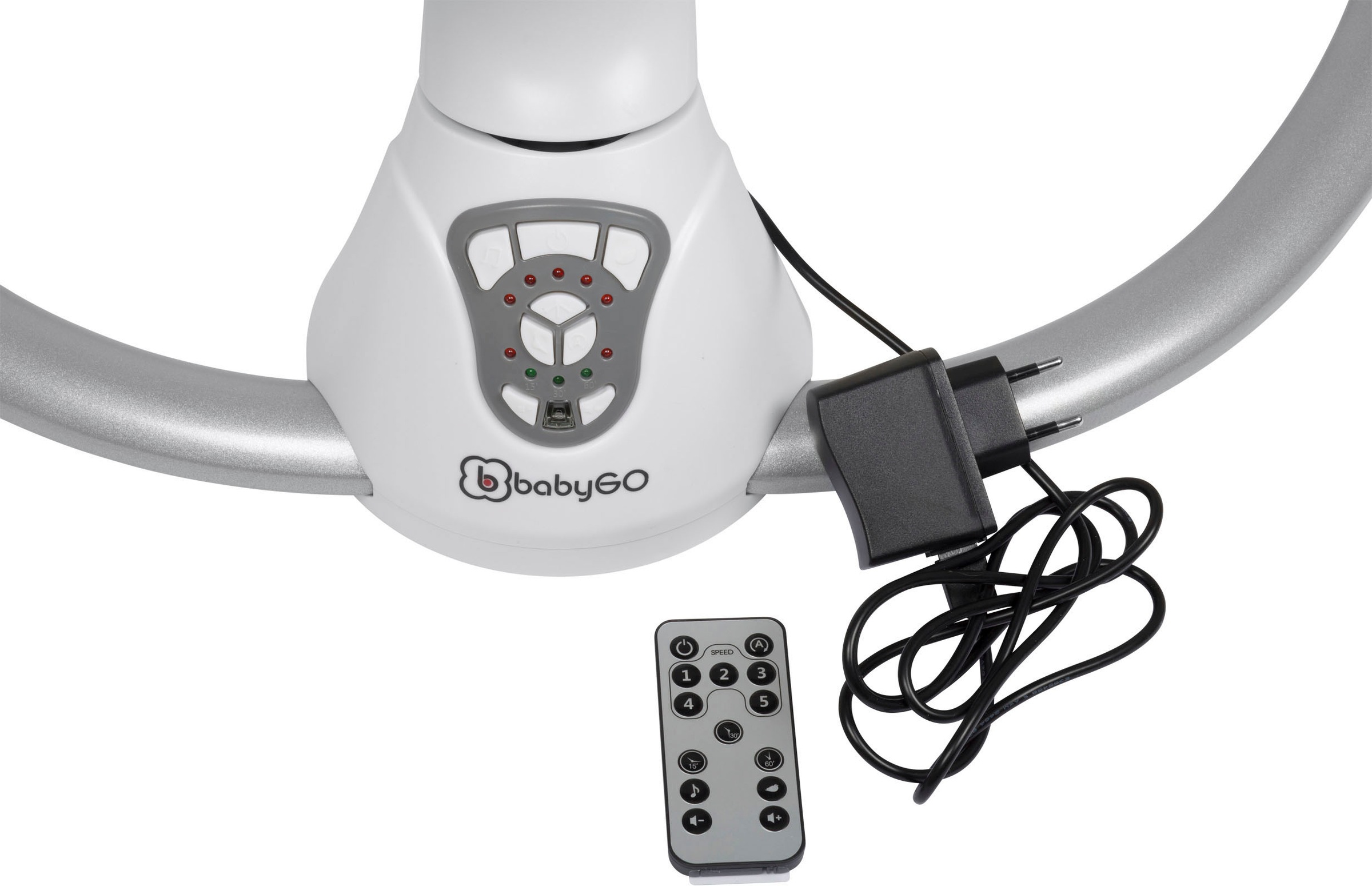 BabyGo Hochstuhl »Family Homey Set, schwarz/hellgrau«, mit elektrischer Babywippe inkl. Spielbogen
