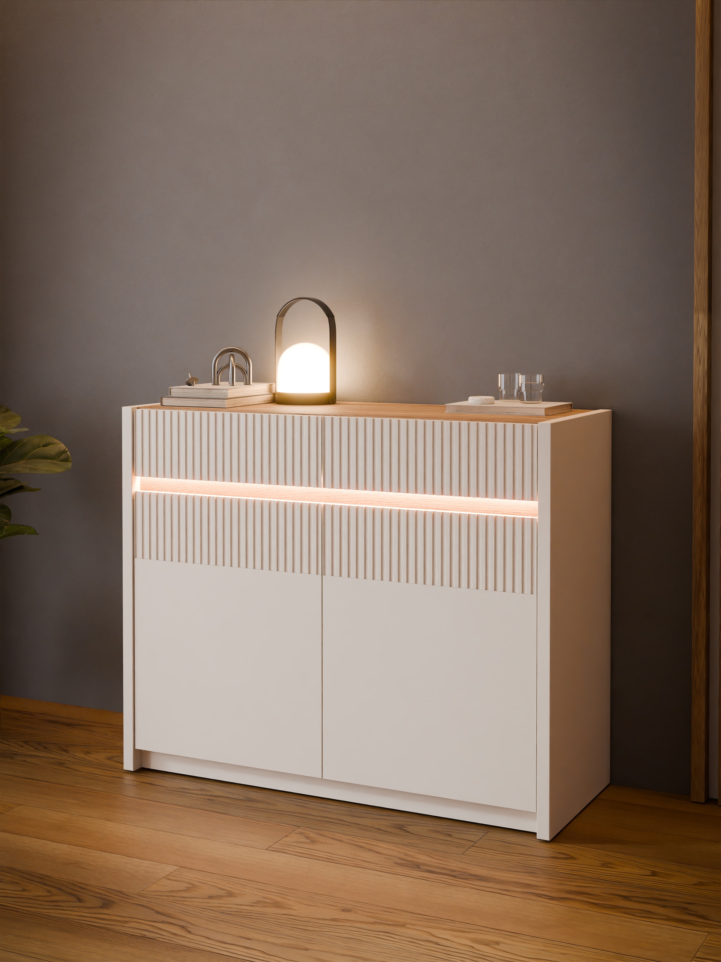 FORTE Kommode »Oak Square«, Kommode, Beleuchtung, Soft Close, Lamellenoptik