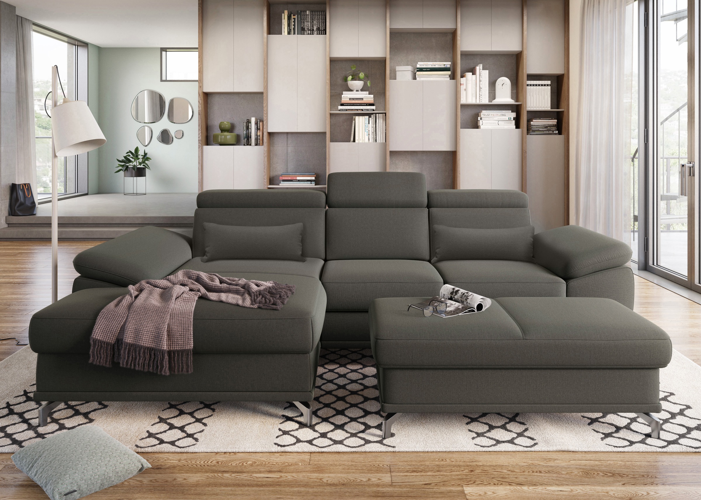 sit&more Ecksofa »Cabrio L-Form, mit Sitztiefenverstellung, Arm- und Kopfteilverstellung«, 2 Nierenkissen, Federkern, optional Bettfunktion und Stauraum
