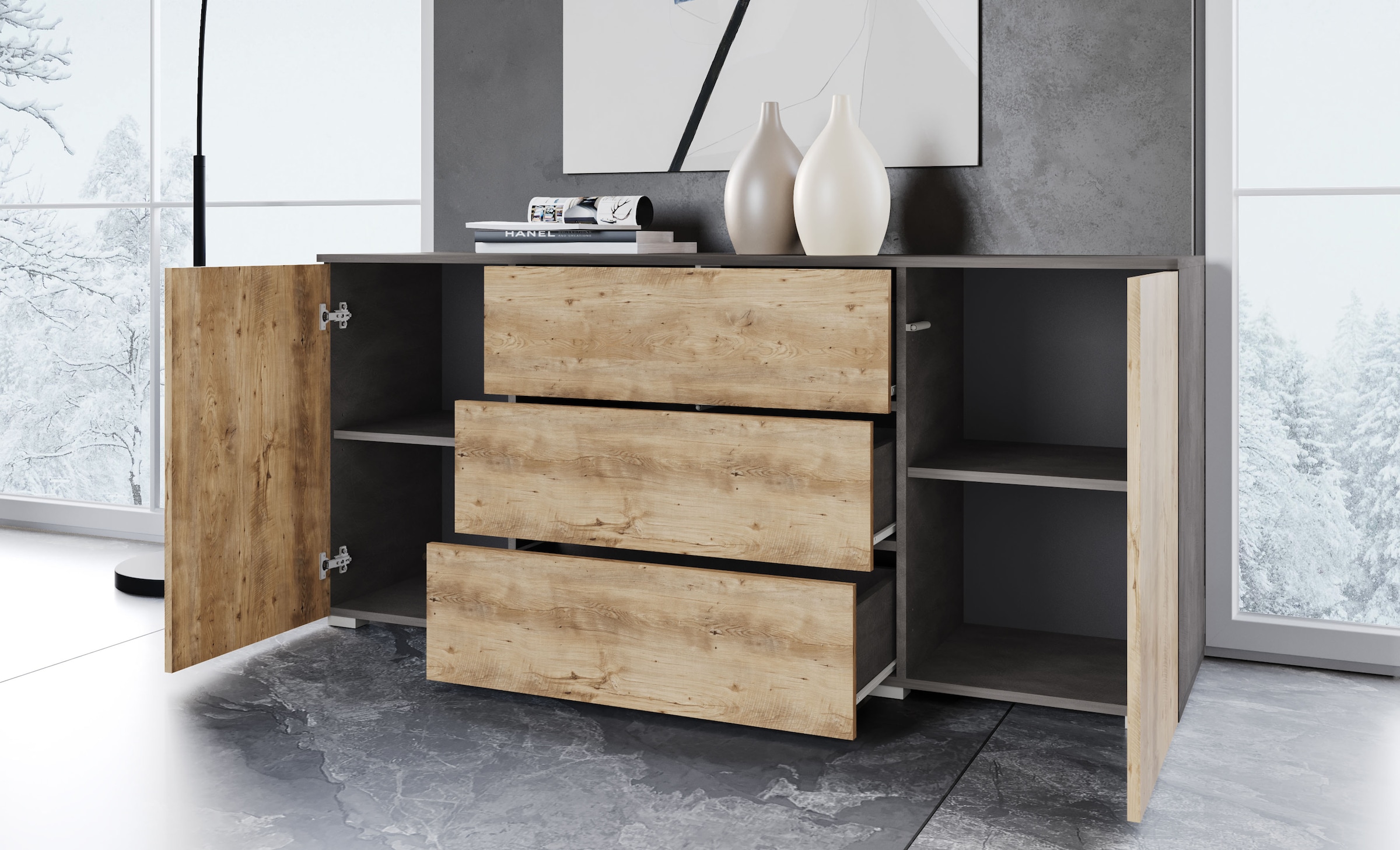 INOSIGN Sideboard »PARIS«, (1 St.), Moderne 150cm breite grifflose Kommode, vielseitig einsetzbar