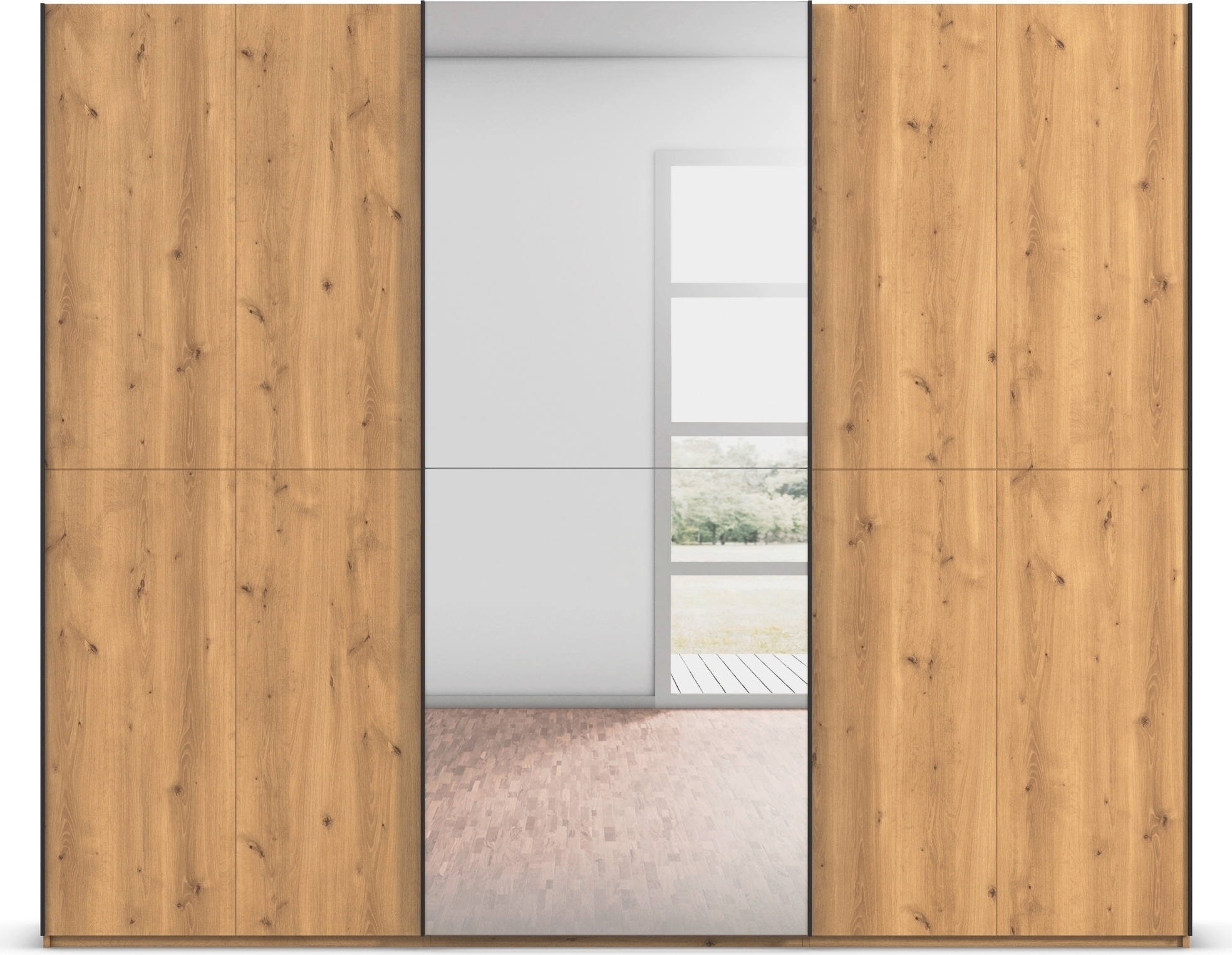 rauch Schwebetürenschrank »Kleiderschrank Schrank Garderobe Schlafzimmerschrank SCALE-WOOD«, edle geteilte Front in massiver Asteiche mit Spiegel MADE IN GERMANY