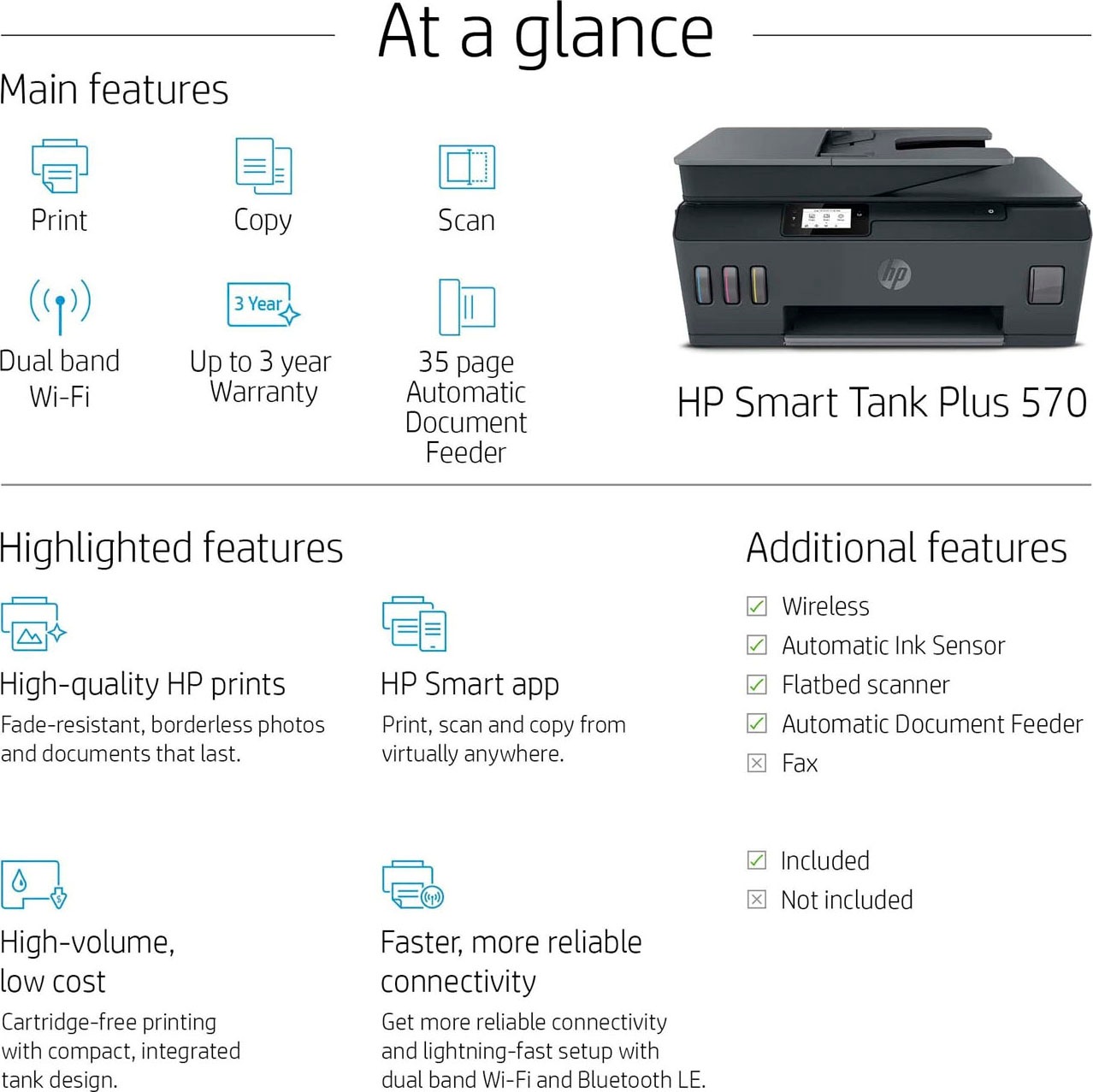 HP Multifunktionsdrucker »Smart Tank Plus 570«, Tintentank, hohe Reichweite