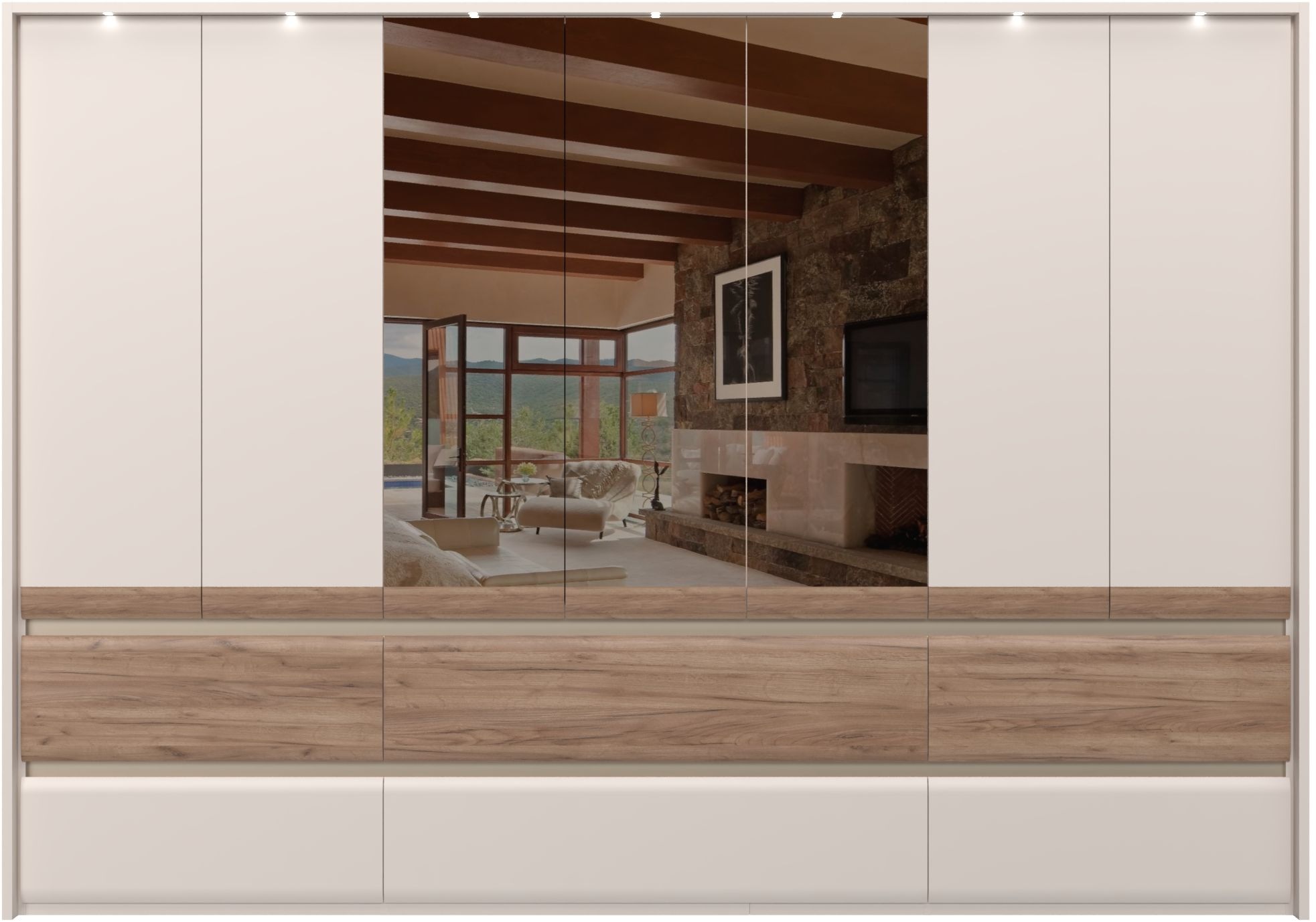 Places of Style Kleiderschrank »Invictus, UV lackiert, FSC-zertifiziert, grifflose Optik«, (abgerundete Schubladen aus MDF im Holzdekor, soft-close), mit Beleuchtung und Spiegel, in 4 Breiten, hoher Schrank (226cm)