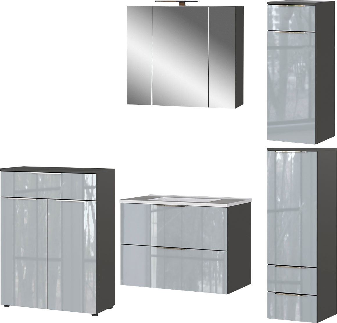 GERMANIA Badmöbel-Set »Oakland«, (5 St.), inkl. WT-Unterschrank, Spiegelschrank, Schrank, Mediumschrank, Kommode