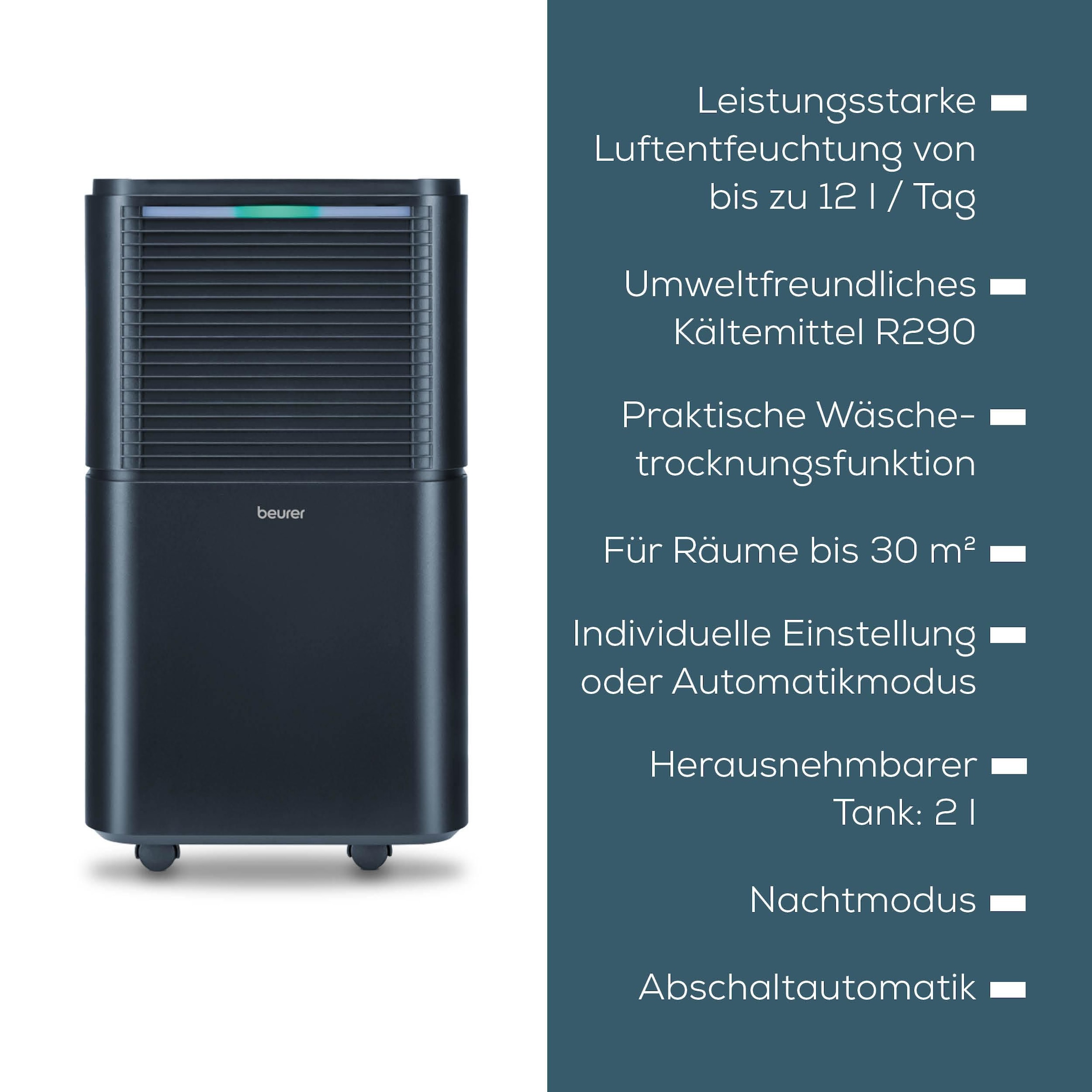 BEURER Luftentfeuchter »LE 150, leistungsstarke Entfeuchtung bis zu 12 Liter pro Tag« Entfeuchtung 12 l/Tag Tank 2 l Mit Automatikmodus, Einstellung der Wunschluftfeuchtigkeit, Nachtmodus
