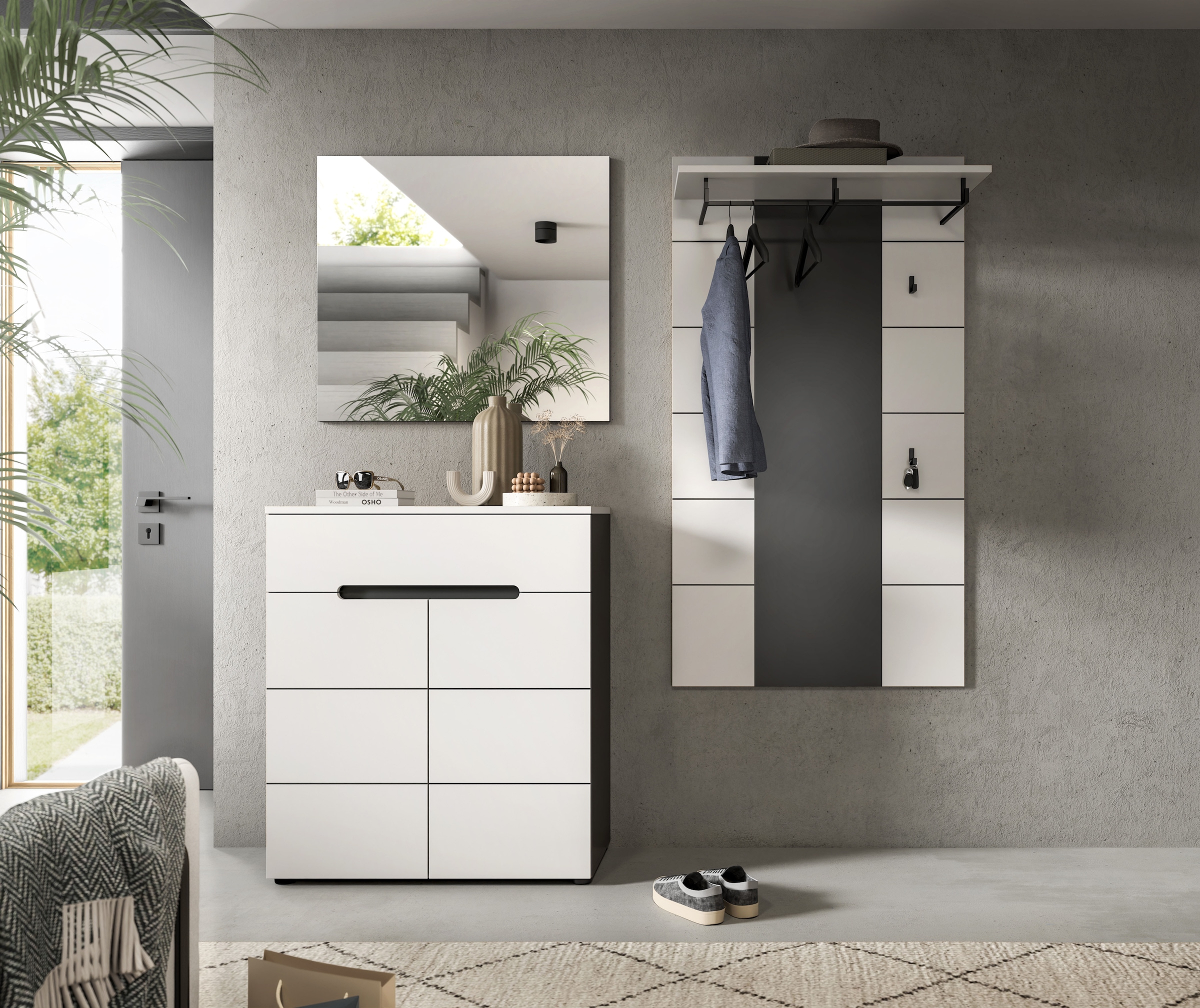 INOSIGN Garderoben-Set, (Set, 3 St., bestehend aus: Kommode, Spiegel und Garderobenpaneel), Garderobenkombination, Kombination, Set, Flurgarderobe, Diele