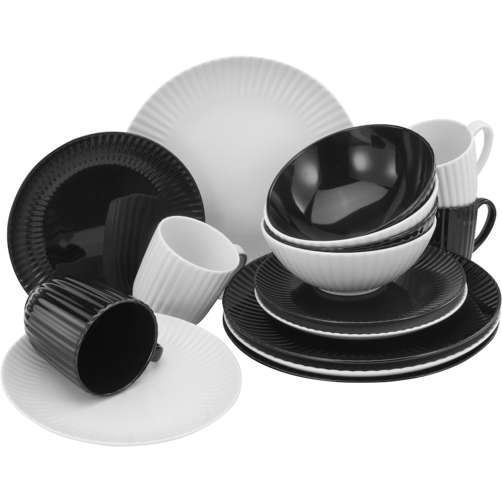 CreaTable Kombiservice »Geschirr-Set Allegra Black & White«, (Set, 16 tlg., Kaffeeservice und Tafelservice im Set, für 4 Personen)