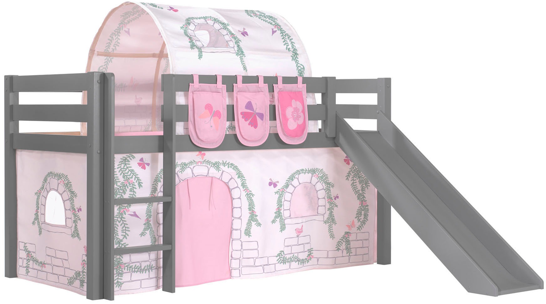 VIPACK Hochbett »Pino, Spielbett massiv Kiefer, stabil gebaut, 3 Korpusfarben zur Wahl« inkl. Rolllattenrost, Leiter und Absturzschutz, mit oder...