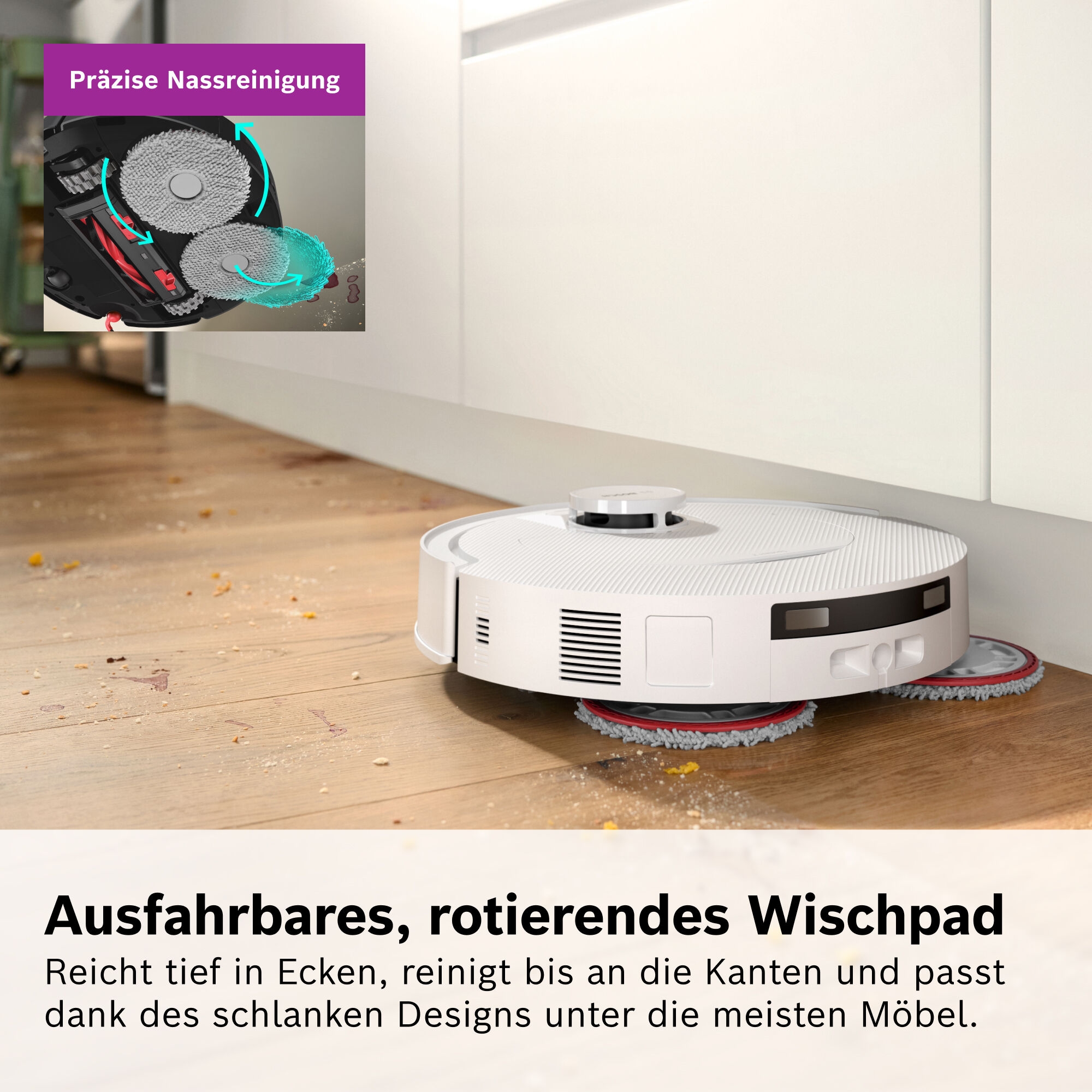 BOSCH Saugroboter »mit Wischfunktion Spotless 2 BCR2S1B/BCR2S1W, 25.000 Pa Saugkraft« Selbstreinigung, Nass-Trocken-Servicestation, rotierende Pads