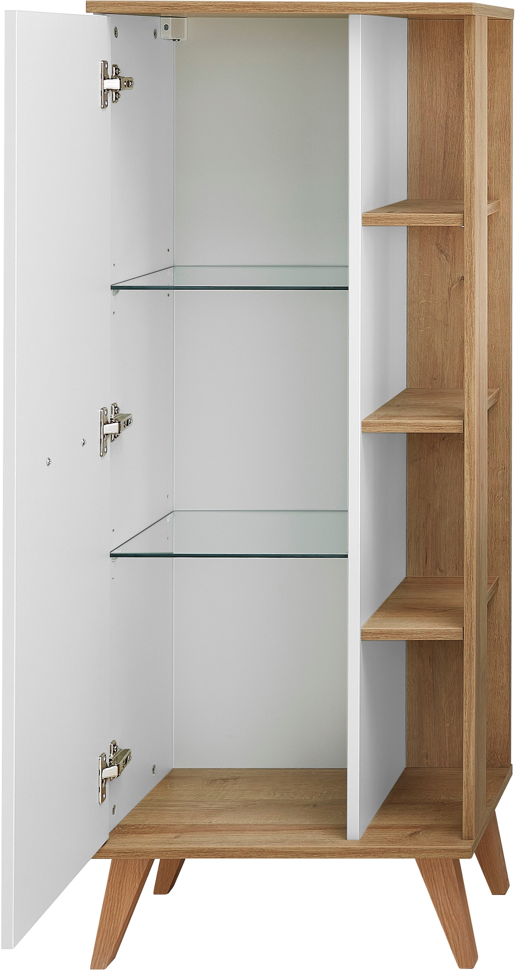 Saphir Badmöbel-Set »Quickset Mineralmarmor-Waschtisch mit LED-Spiegel, Unterschrank«, (7 St.), Hängeschrank, Midischrank, 5 Türen, 2 Schubladen, 7 Glas-Einlegeböden