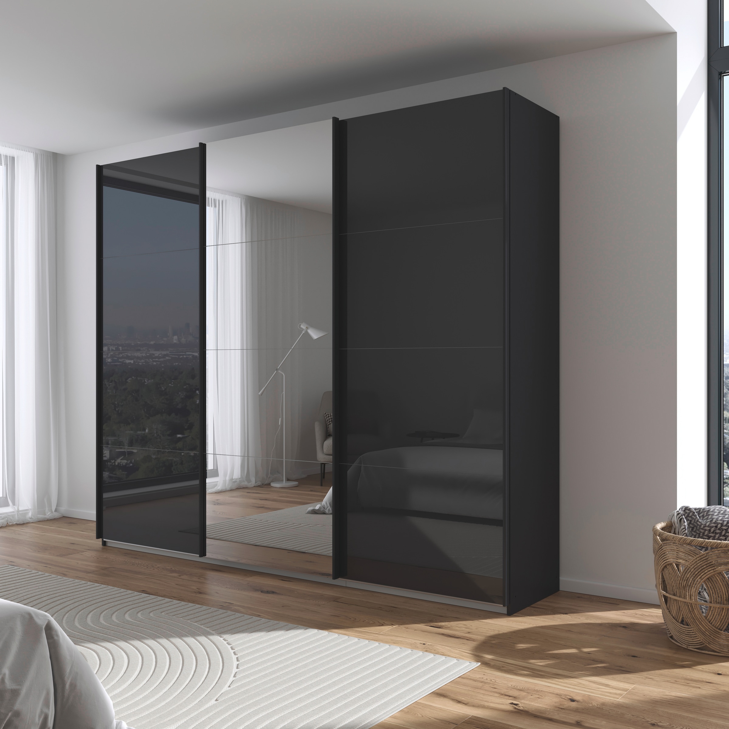 rauch Schwebetürenschrank »Kleiderschrank Kleiderschränke Schrank Garderobe AGORDO mit Glasfront«, durchdachte Innenausstattung, in 4 Breiten und 2 Höhen MADE IN GERMANY
