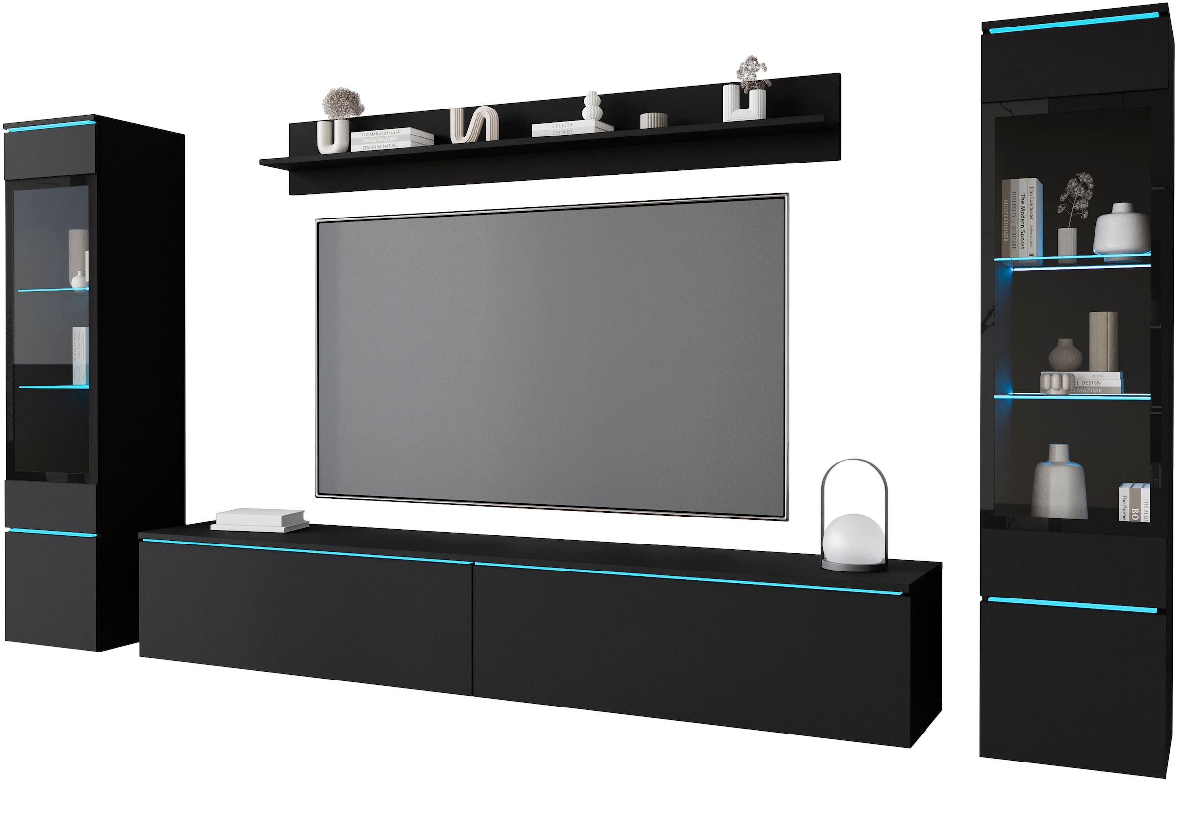 INOSIGN Wohnwand »VERA II, Vitrinen Türanschlag wechselbar«, (Komplett-Set, 4 St.), Vitrine mit Verglasung, stehend und hängend, inklusive Beleuchtung