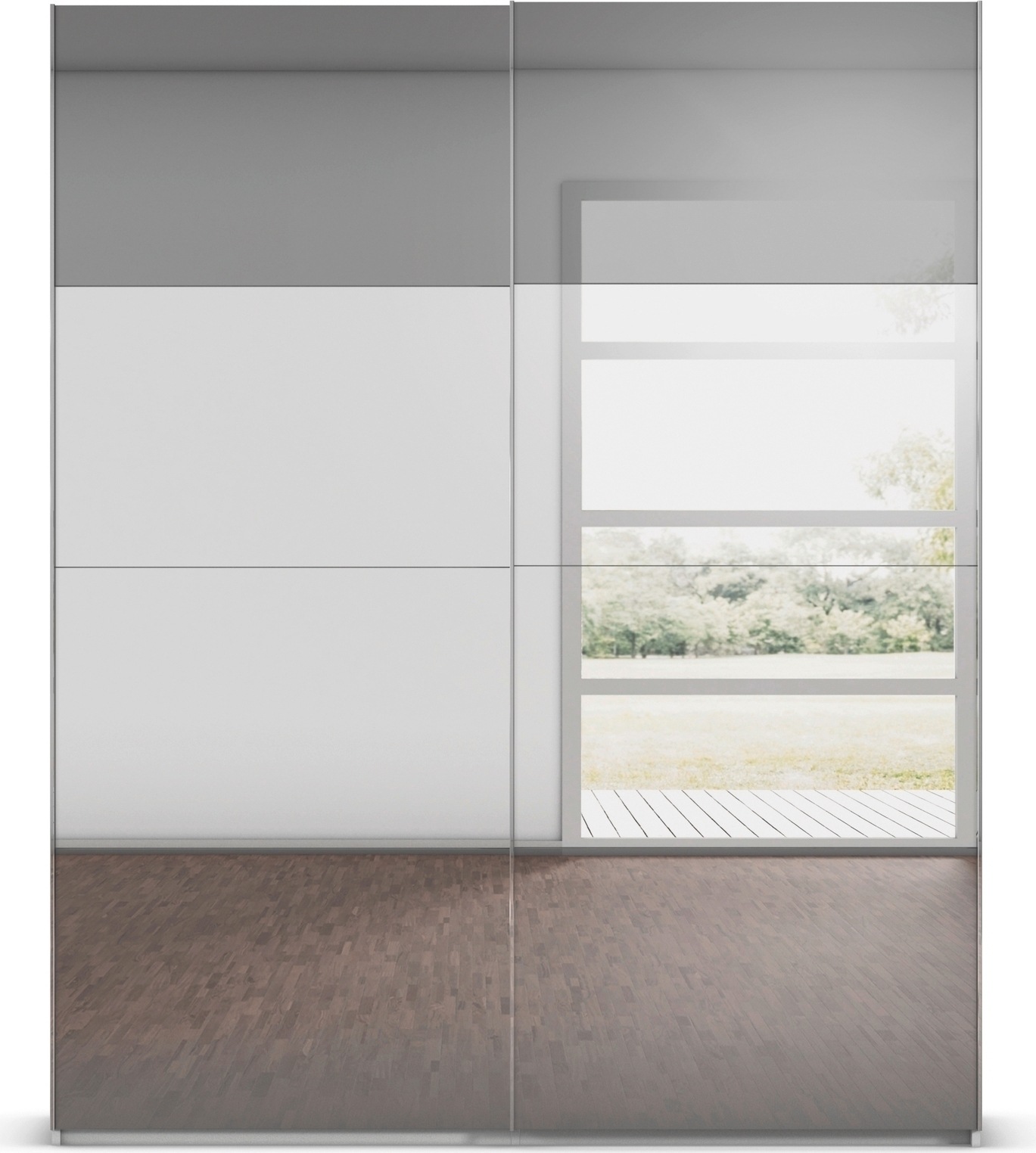 rauch Schwebetürenschrank »Kleiderschrank Schrank Garderobe Schlafzimmerschrank SCALE-FYRA«, edle Türen viergeteilt Front Spiegel-Mix viele Farben MADE IN GERMANY