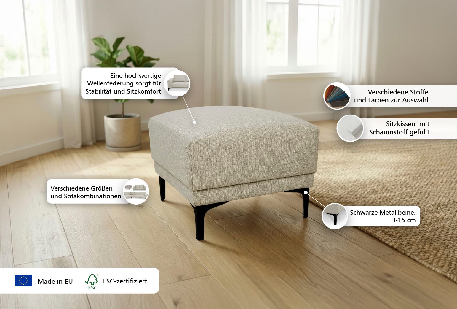 OTTO home Polsterhocker »Xander« Breite 58 cm, Soft-Touch Chenille, schwarze Metallfüße