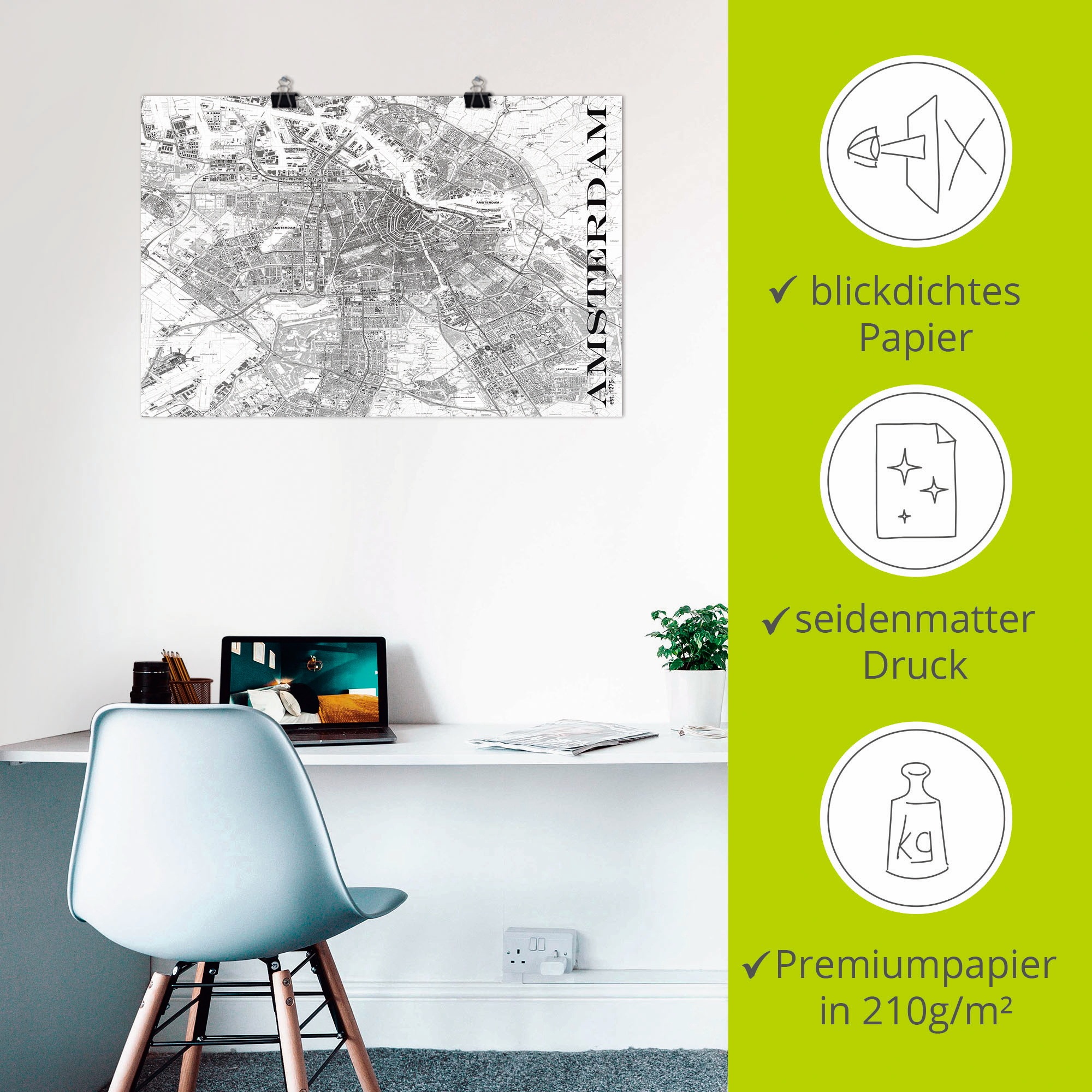 Artland Poster »Amsterdam Karte Straßen Karte«, Niederlande, (1 St.), als Alubild, Leinwandbild, Wandaufkleber oder Poster in versch. Größen