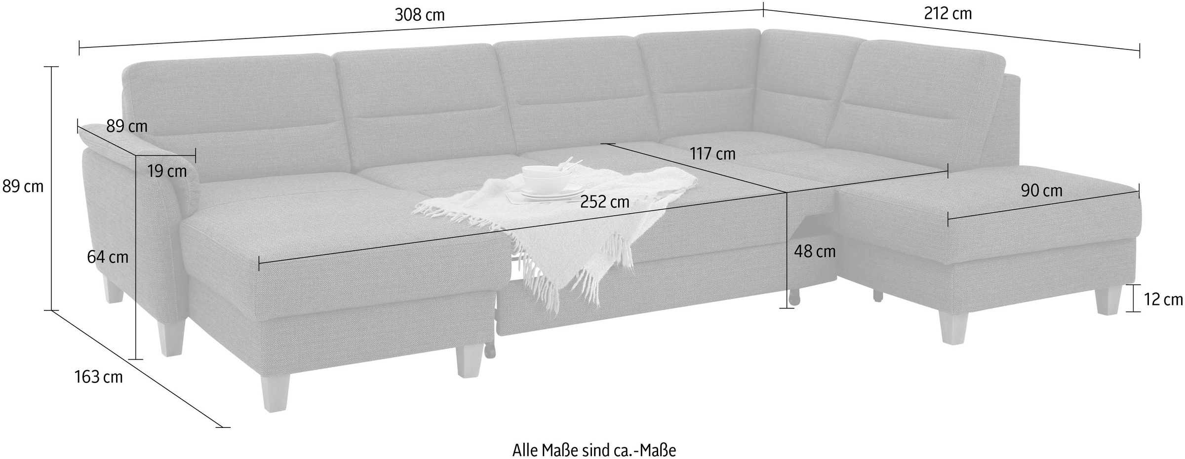 Home affaire Wohnlandschaft »Palmera U-Form, B: 308 cm«, optional Bettfunktion & Bettkasten, Federkern