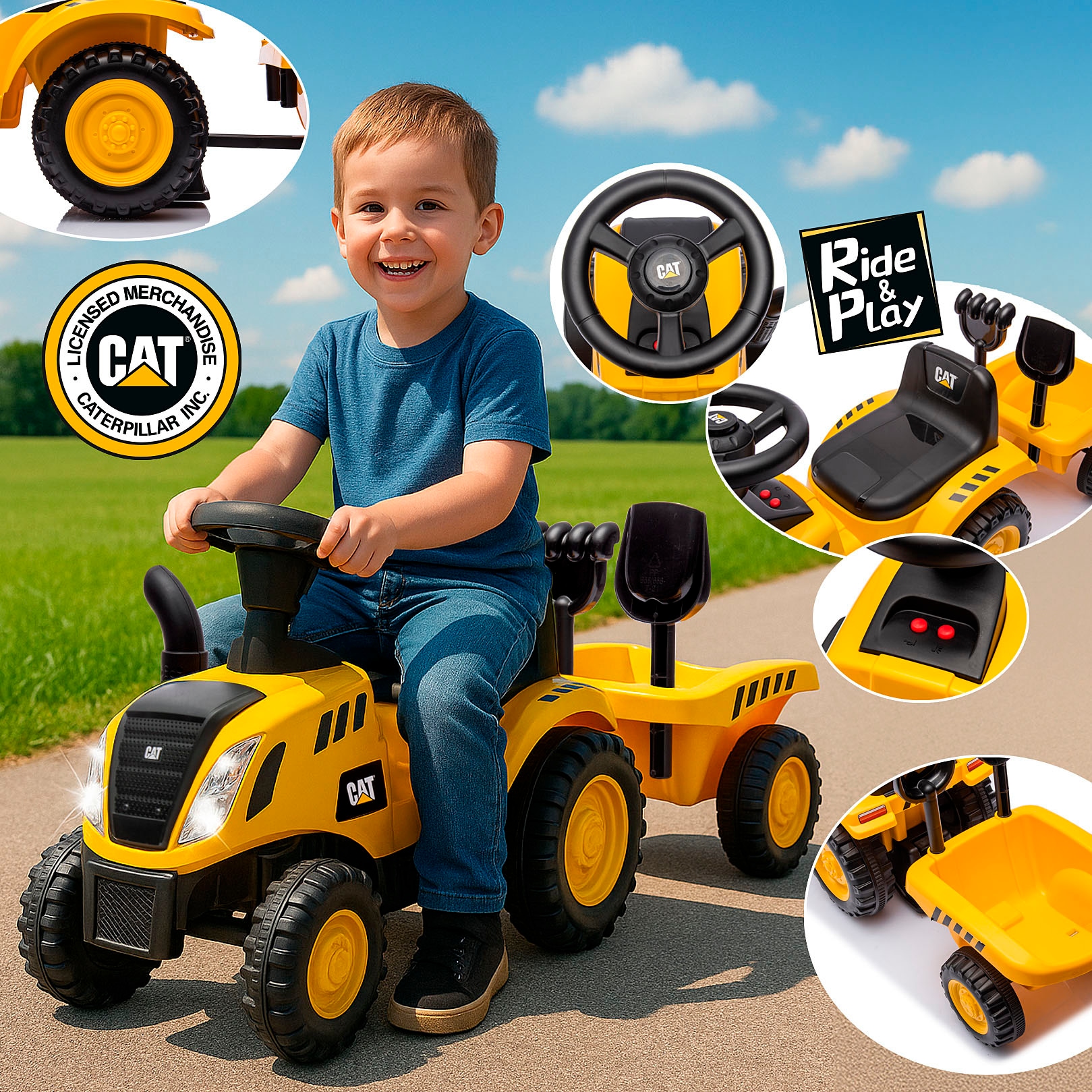 Jamara Rutscher »Caterpillar Traktor mit Anhänger 2in1, gelb«, mit Licht- und Soundeffekten sowie Hupe