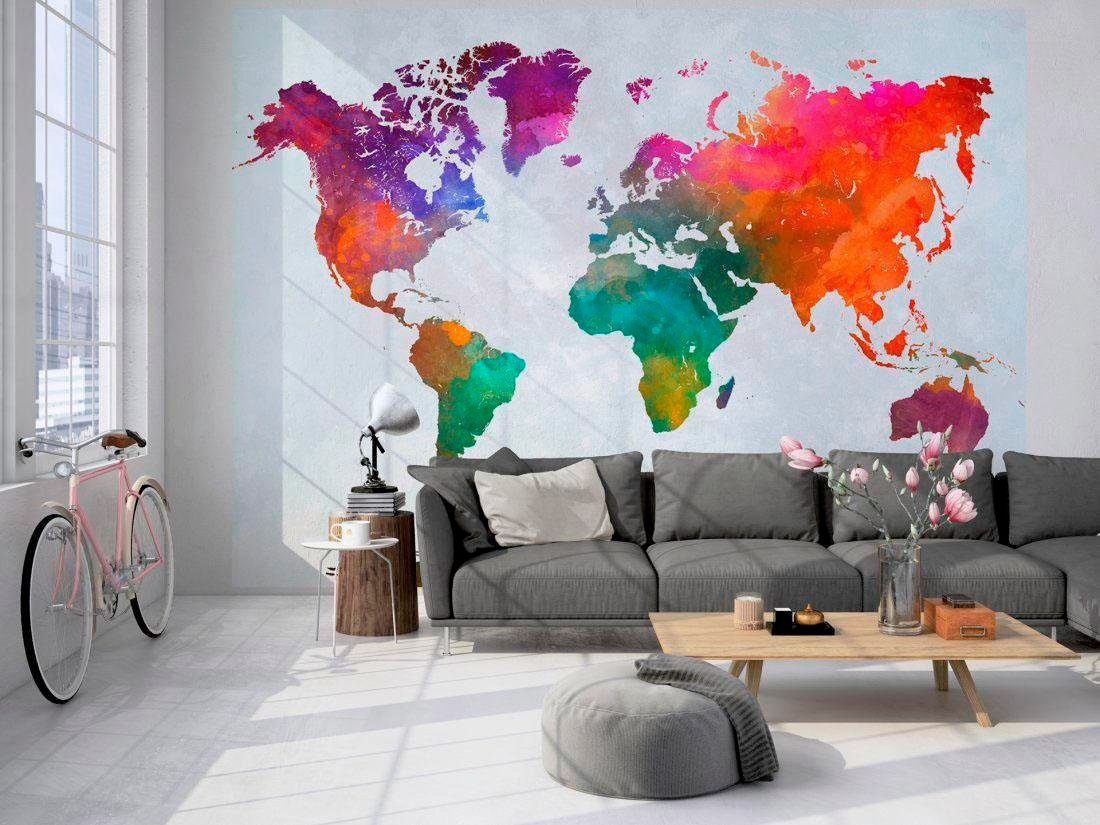 living walls Fototapete »Weltkarte aquarell Vlies«, Weltkarte Fototapete Bunt weiß Tapete 3,50 m x 2,55 m Tapete