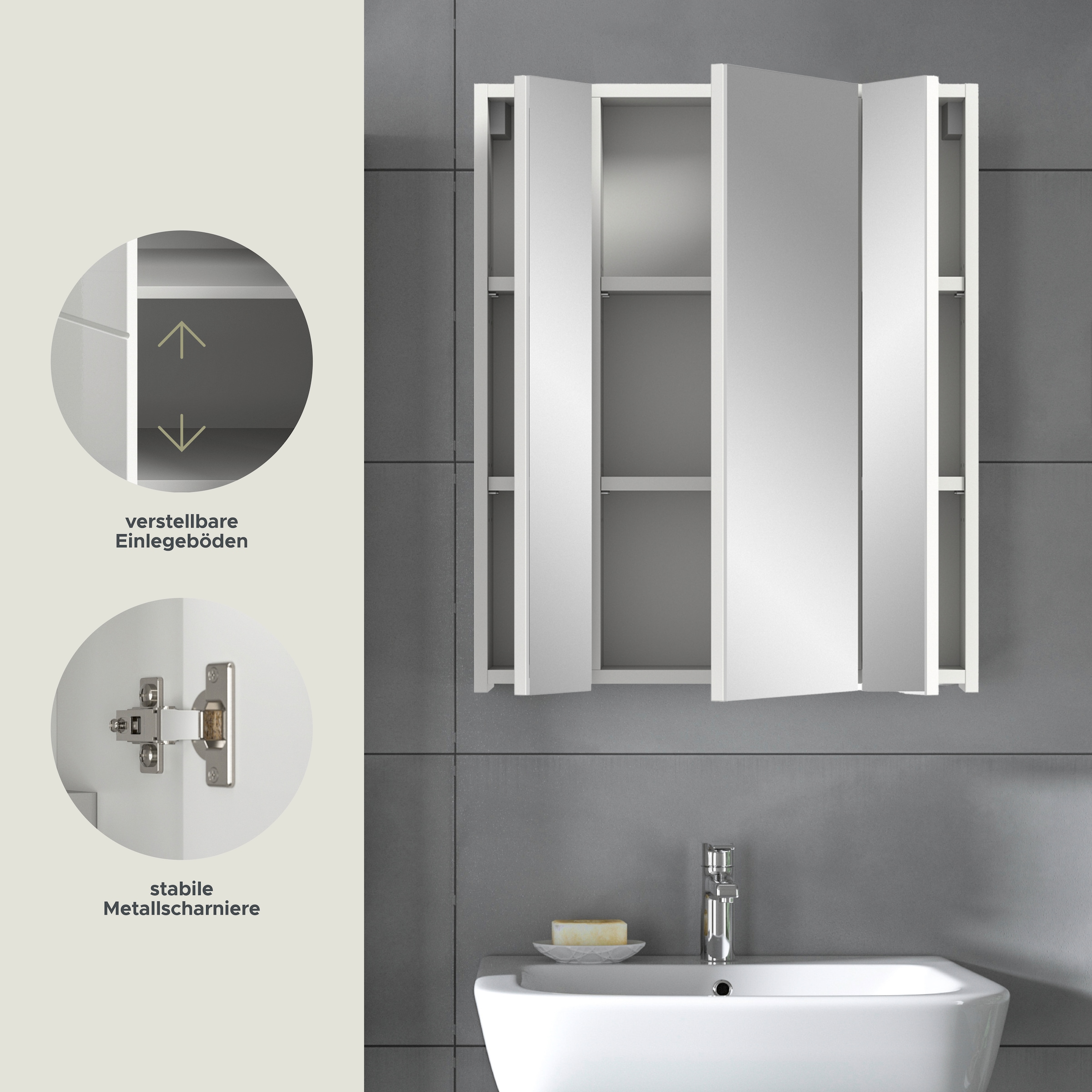 INOSIGN Badezimmerspiegelschrank »Malmö, Breite 60 cm, 3 Spiegeltüren, 9 Fächer, 6 Einlegeböden«, in verschiedenen Farben erhältlich, Badmöbel, Spiegel, Badschrank, Bad