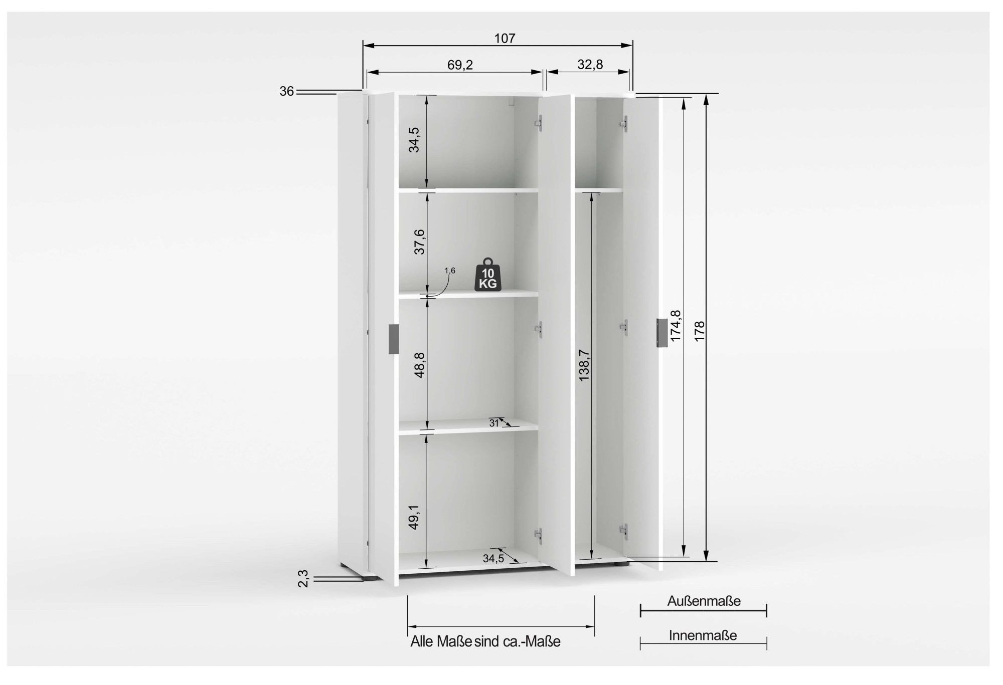 INOSIGN Mehrzweckschrank »Stauraumschrank , Breite 107 cm , Höhe 178 cm« 1 Stk. tlg. 3 Türen,1 kleiner und 3 große Einlegeböden- Schrank hochglanz lackiert