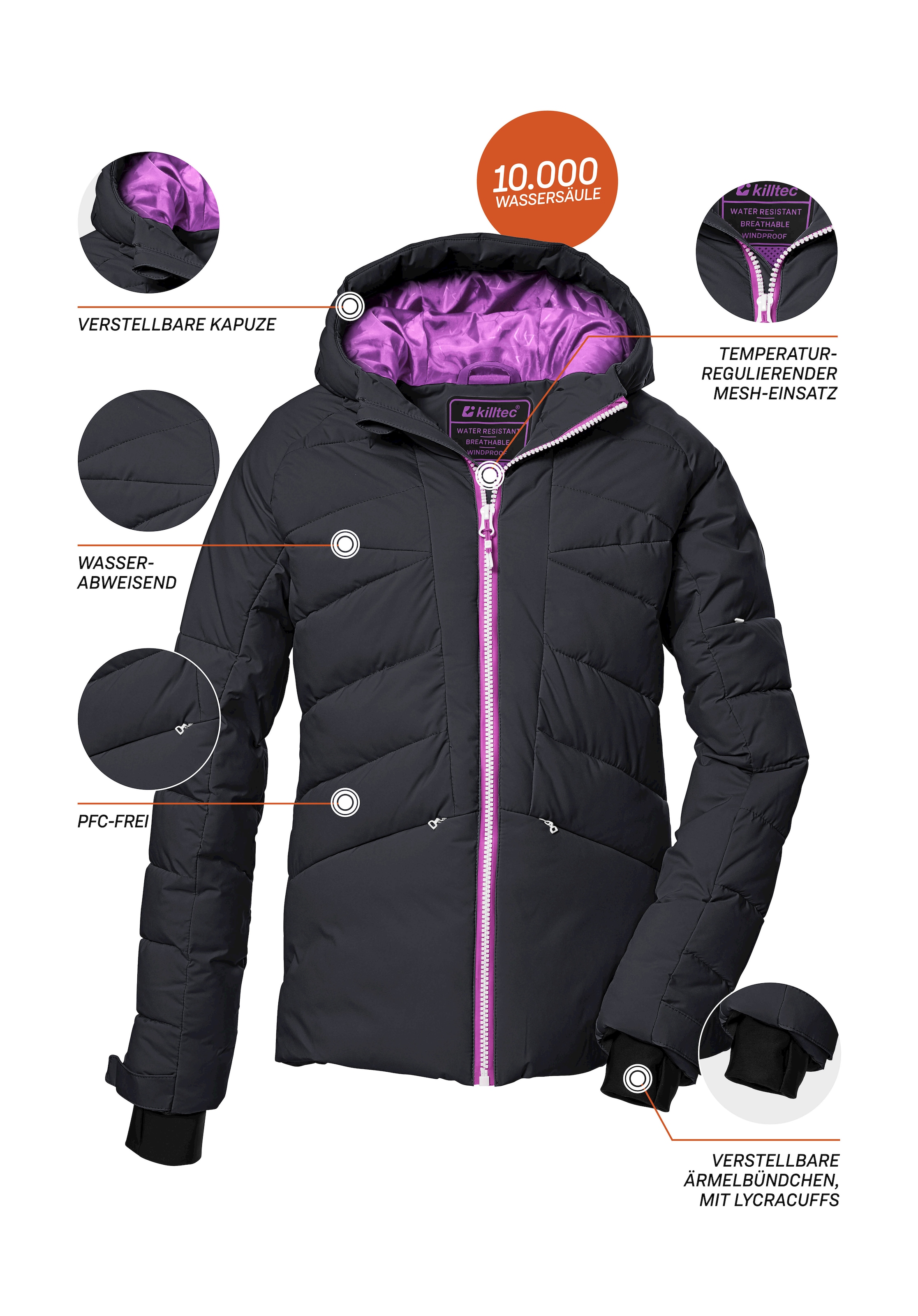 Killtec Skijacke »KSW 116 GRLS SKI QLTD JCKT«, Wasserabweisende, winddichte Winterjacke mit Schneefang