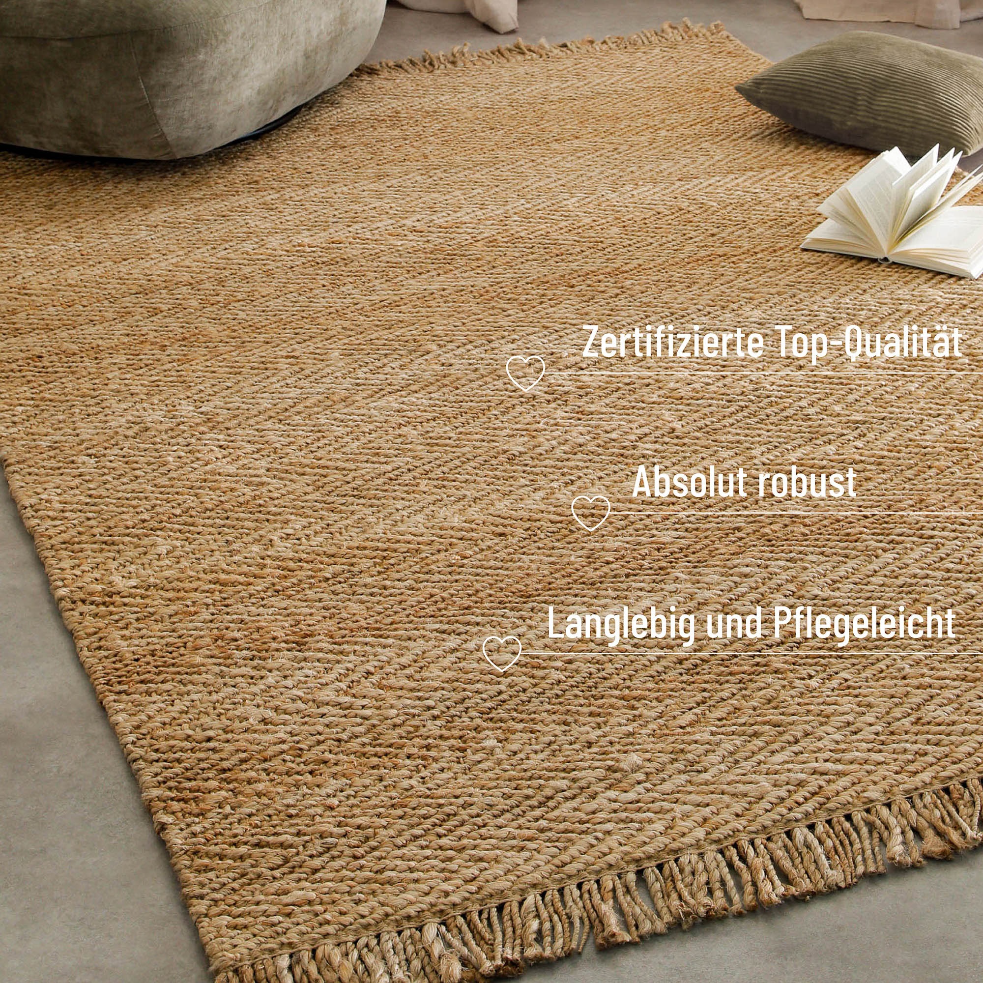 Green Looop Teppich »Dhurry«, rechteckig, 12 mm Höhe, handgewebt, robust, strapazierfähig, Jute, Natur, Wohnzimmer