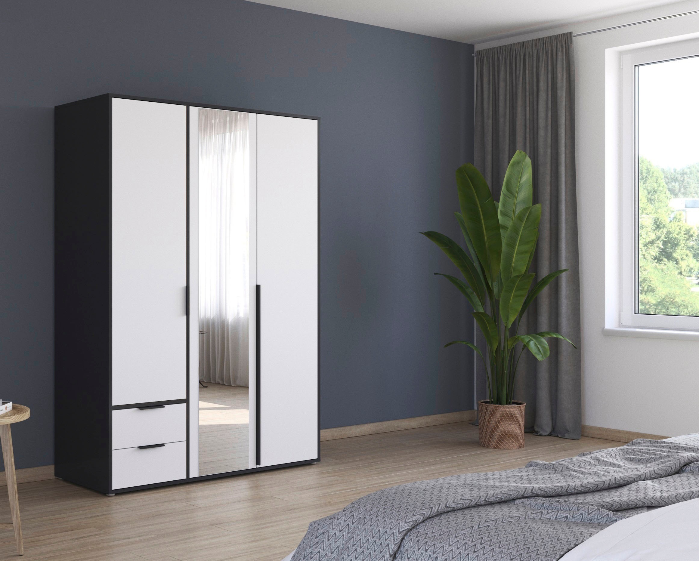 rauch Drehtürenschrank »Kleiderschrank Schrank Garderobe Wäscheschrank NAGATA mit Spiegel«, (in 3 verschiedenen Ausstattungen BASIC/CLASSIC/PREMIUM), und Schubladen sowie Stangengriffen TOPSELLER MADE IN GERMANY
