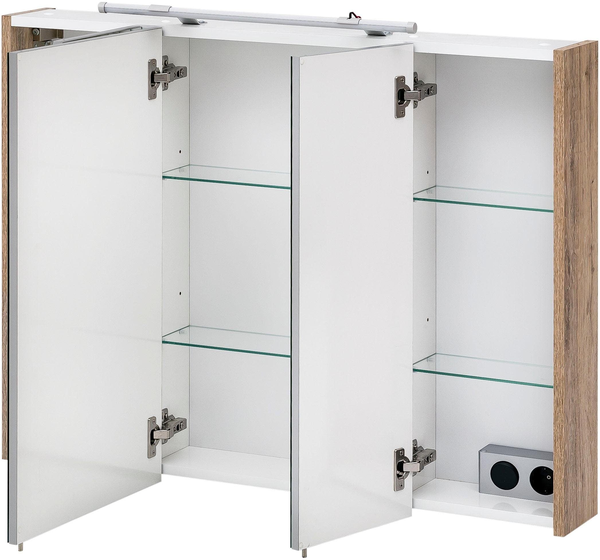 Schildmeyer Spiegelschrank »Dorina, mit höhenverstellbaren Glasböden«, Breite 90 cm, 3-türig, LED-Beleuchtung, Schalter-/Steckdosenbox