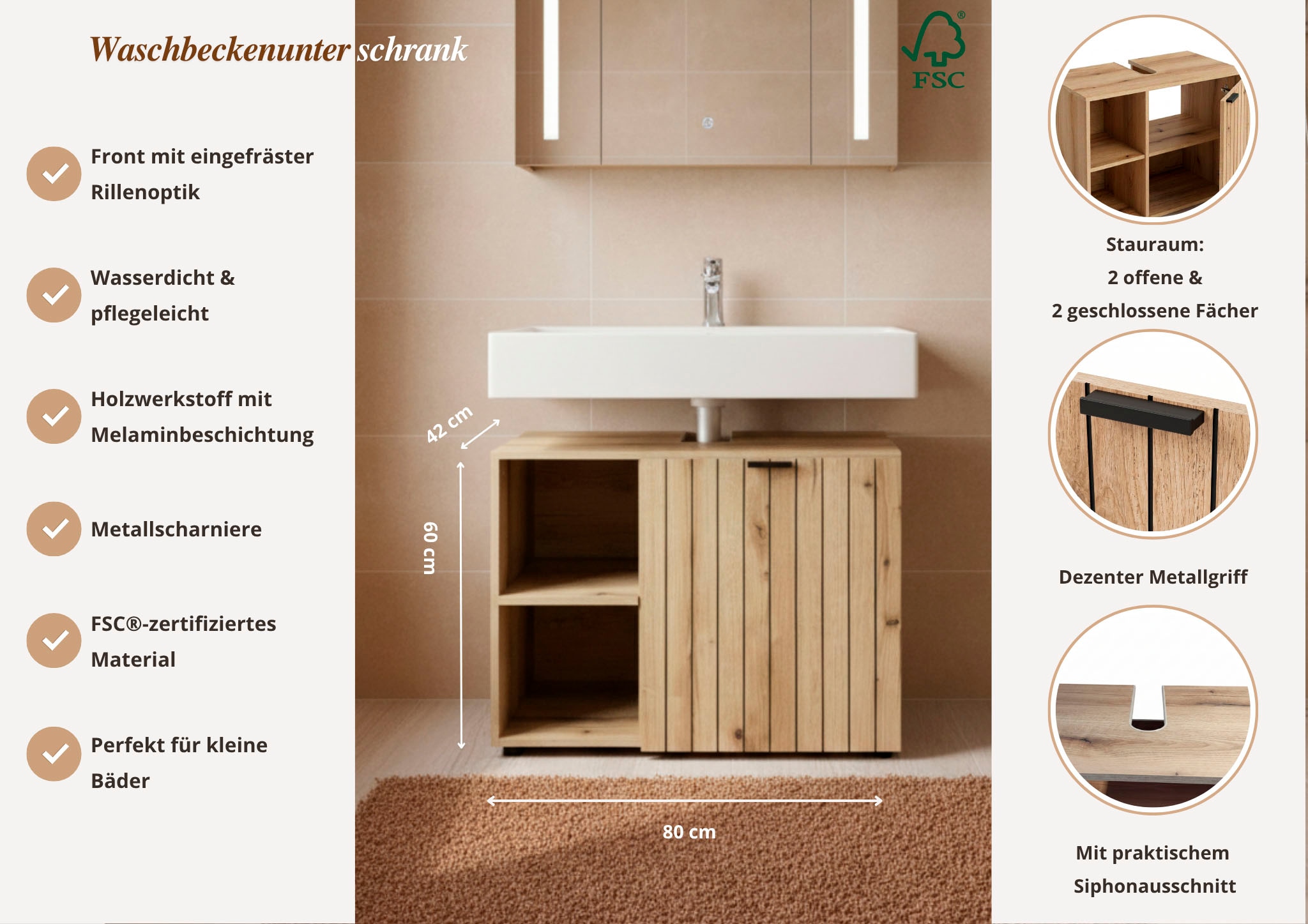 OTTO home Waschbeckenunterschrank »Baltrum« Breite 80 cm dekorative Lamellenoptik