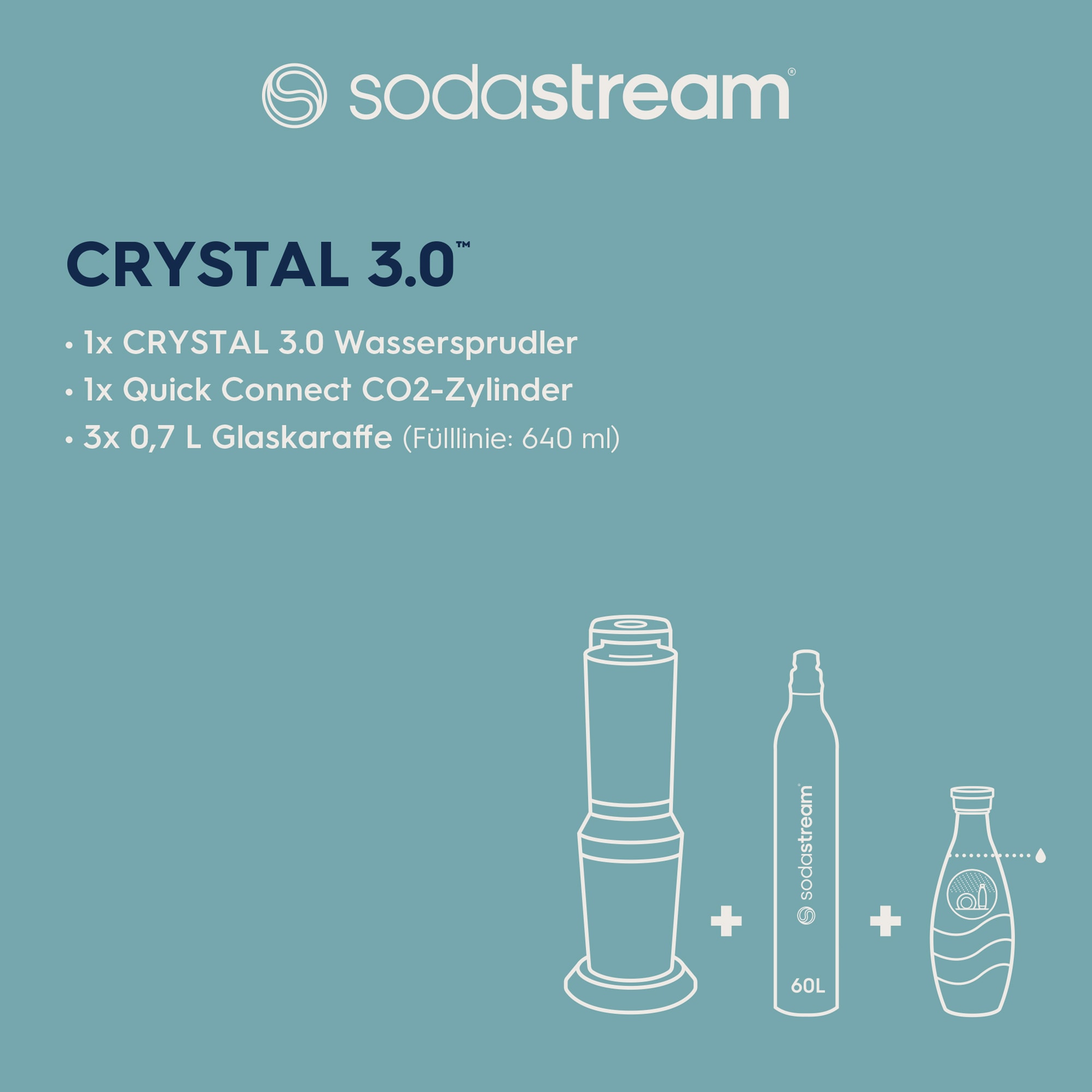 SodaStream Wassersprudler »Crystal 3.0 - Vorteilspack«, (Set, 5 tlg.), mit Quick Connect CO2-Zylinder und 3x Glaskaraffe 0,7 L