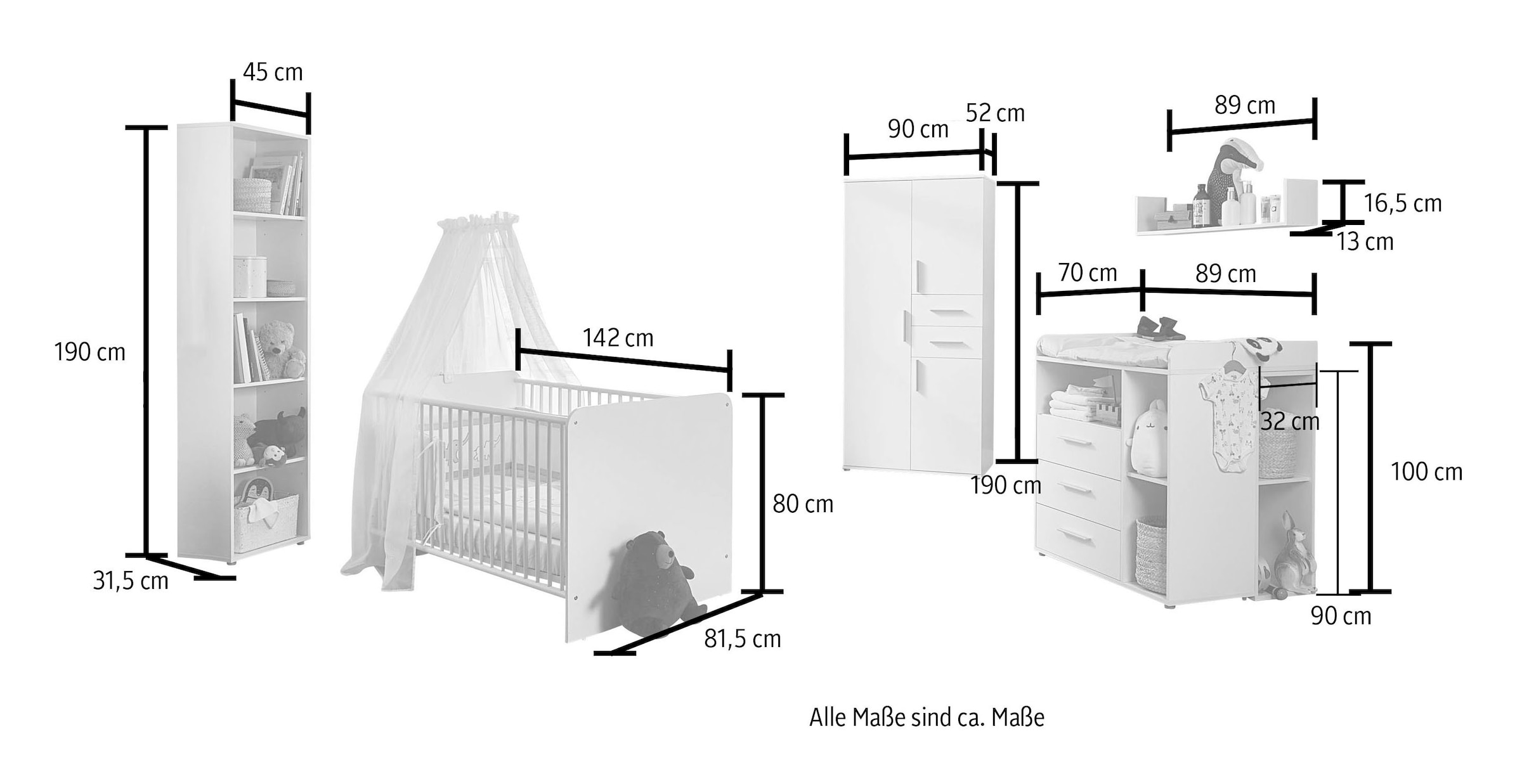 BMG Möbel Babyzimmer-Komplettset »Lea«, (Set, 7 St., Bett, Wickelkommode, Schrank, Standregal, Unterstellregale, Wandboard), Bett + Wickelkommode + 3-trg. Schrank + Standregal + Wandboard