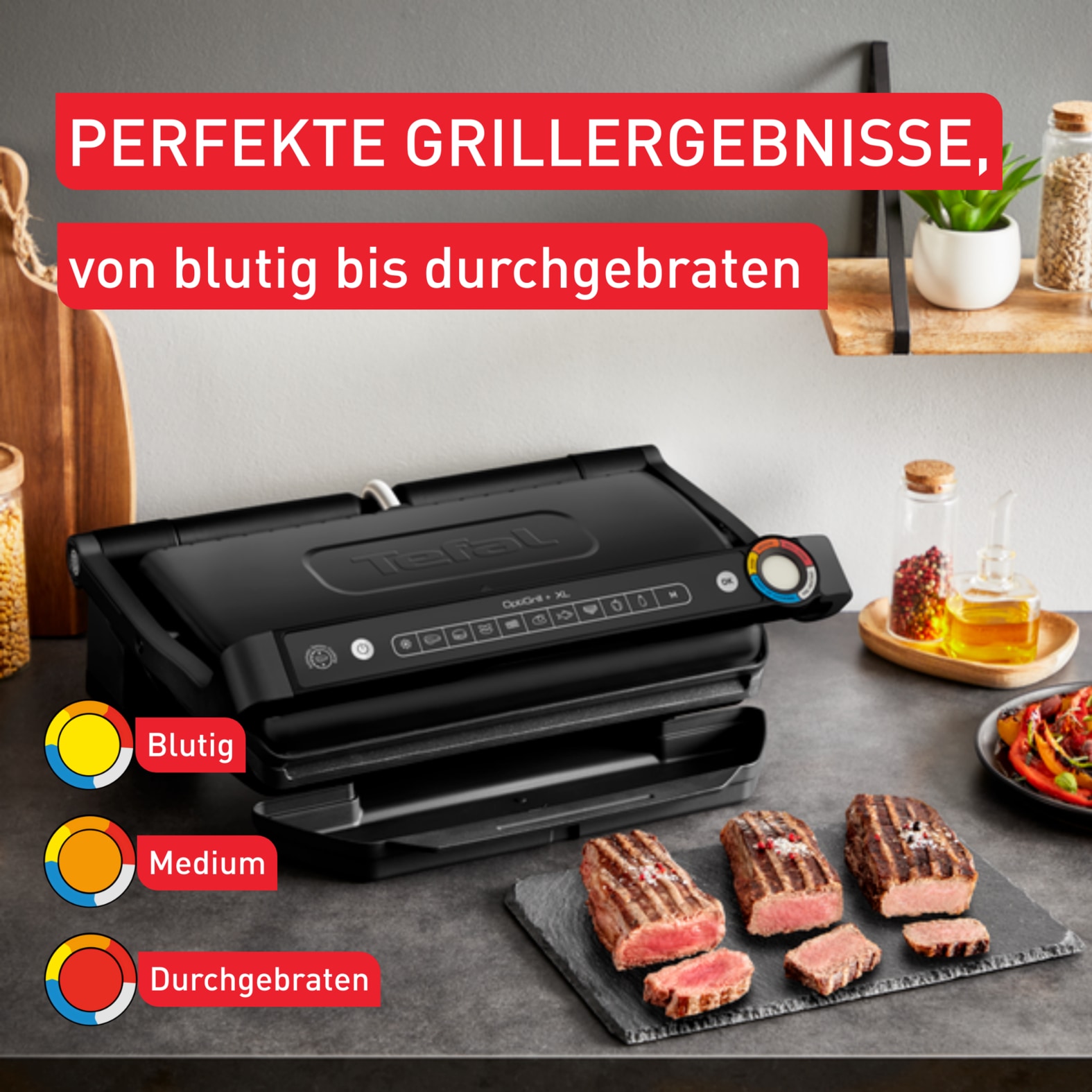 Tefal Kontaktgrill »OptiGrill+ XL, erneuerte Kochstufenanzeige, 9 automatische Programme«, 2000 W, ein manuelles Programm, spülmaschinengeeignete Platten, GC7278