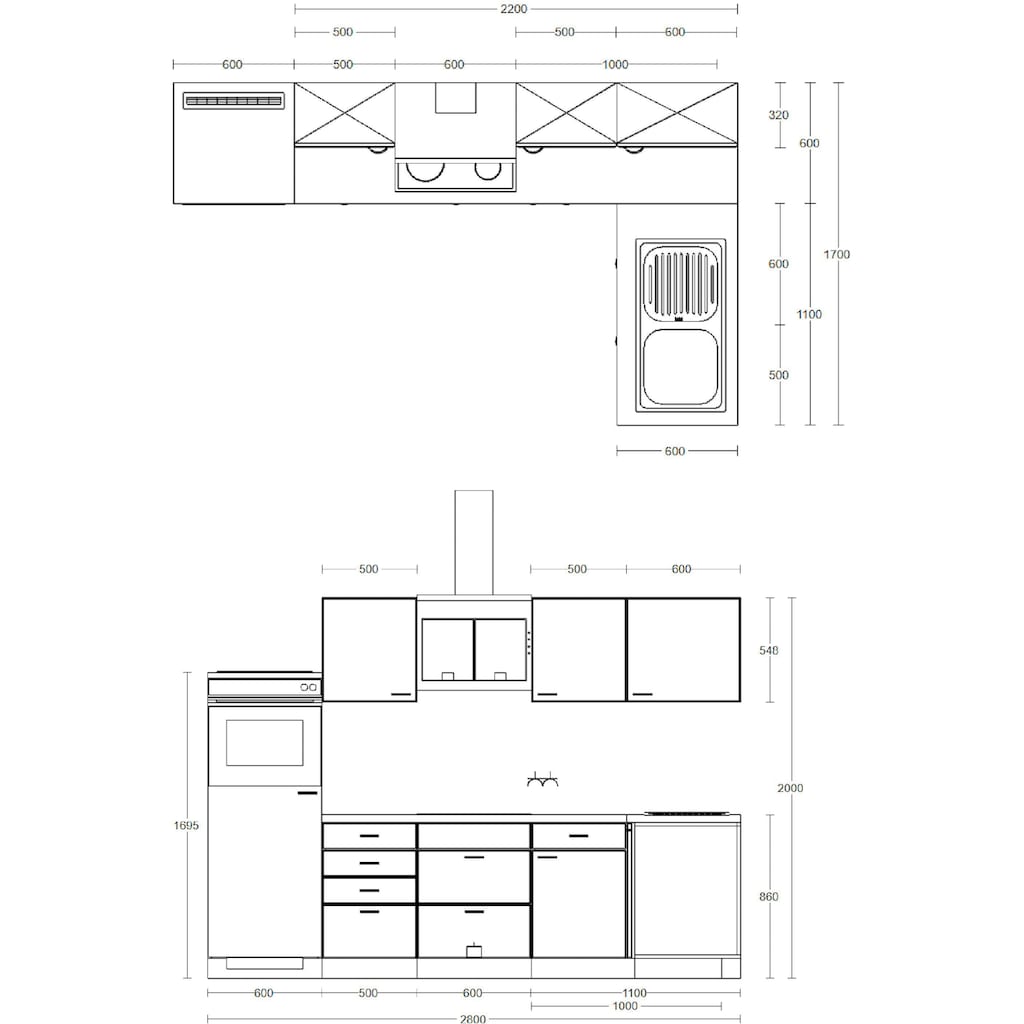 Flex-Well Küche »Riva«, wahlw. mit E-Geräten, Stellmaß 280x170 cm