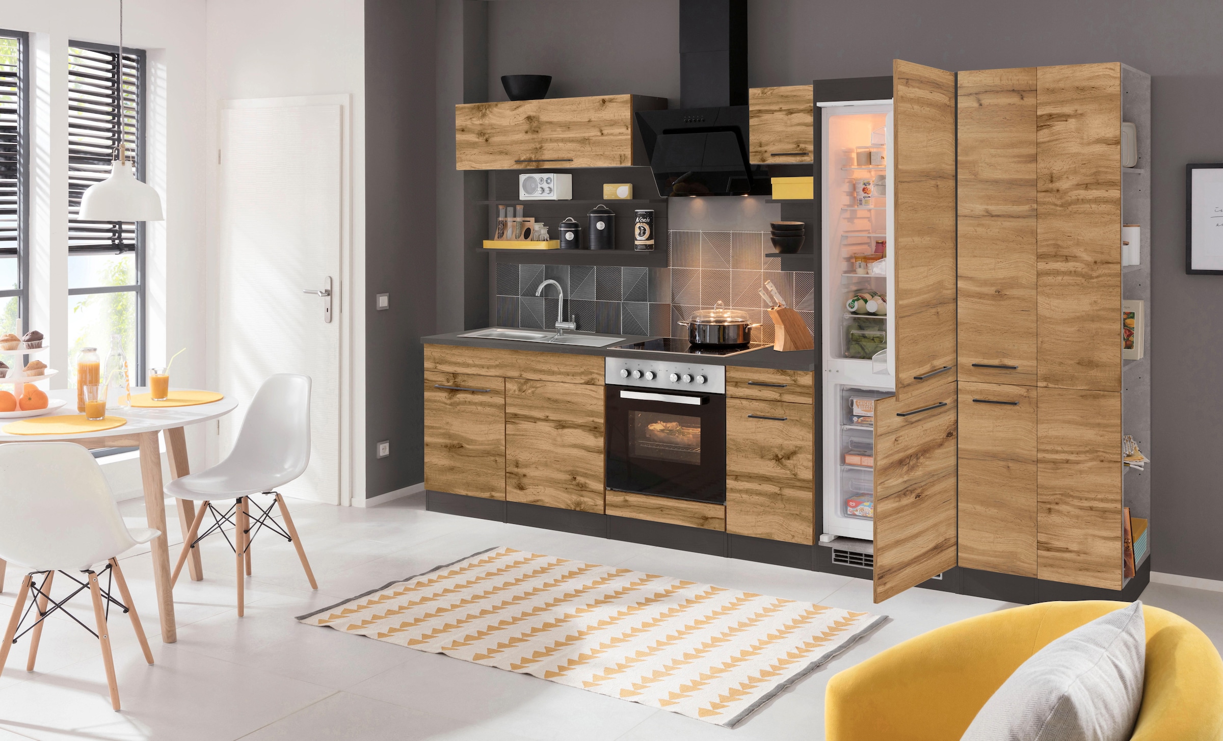 KOCHSTATION Küchenzeile »KS-Tulsa«, mit E-Geräten, Breite 300 cm, schwarze Metallgriffe, MDF Fronten