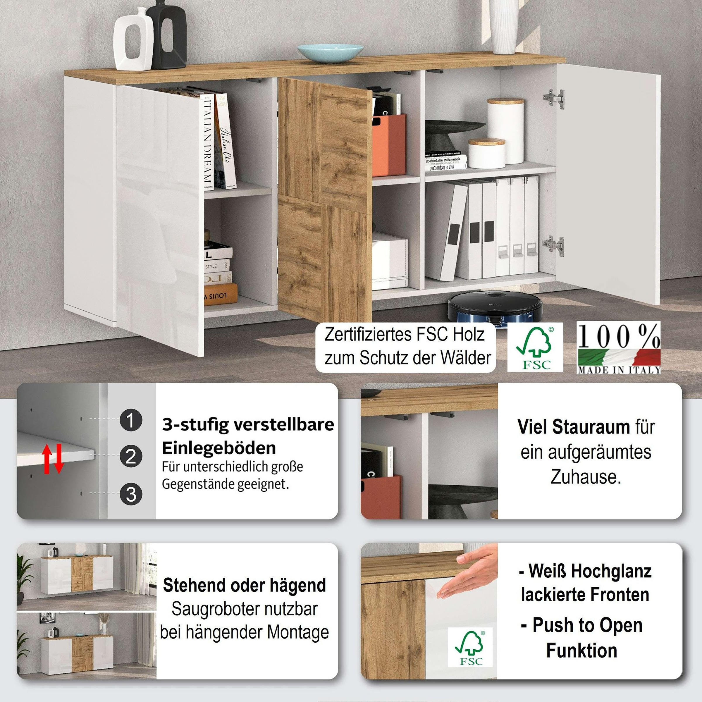 OTTO home Sideboard »ISEO, Kommode, Schrank, Sideboard, Lowboard, 6 Fächer, Breite 150 cm« 1 Stk. tlg. stehend/hängend, 3 Türen Hochglanz lackiert, Made in Italy