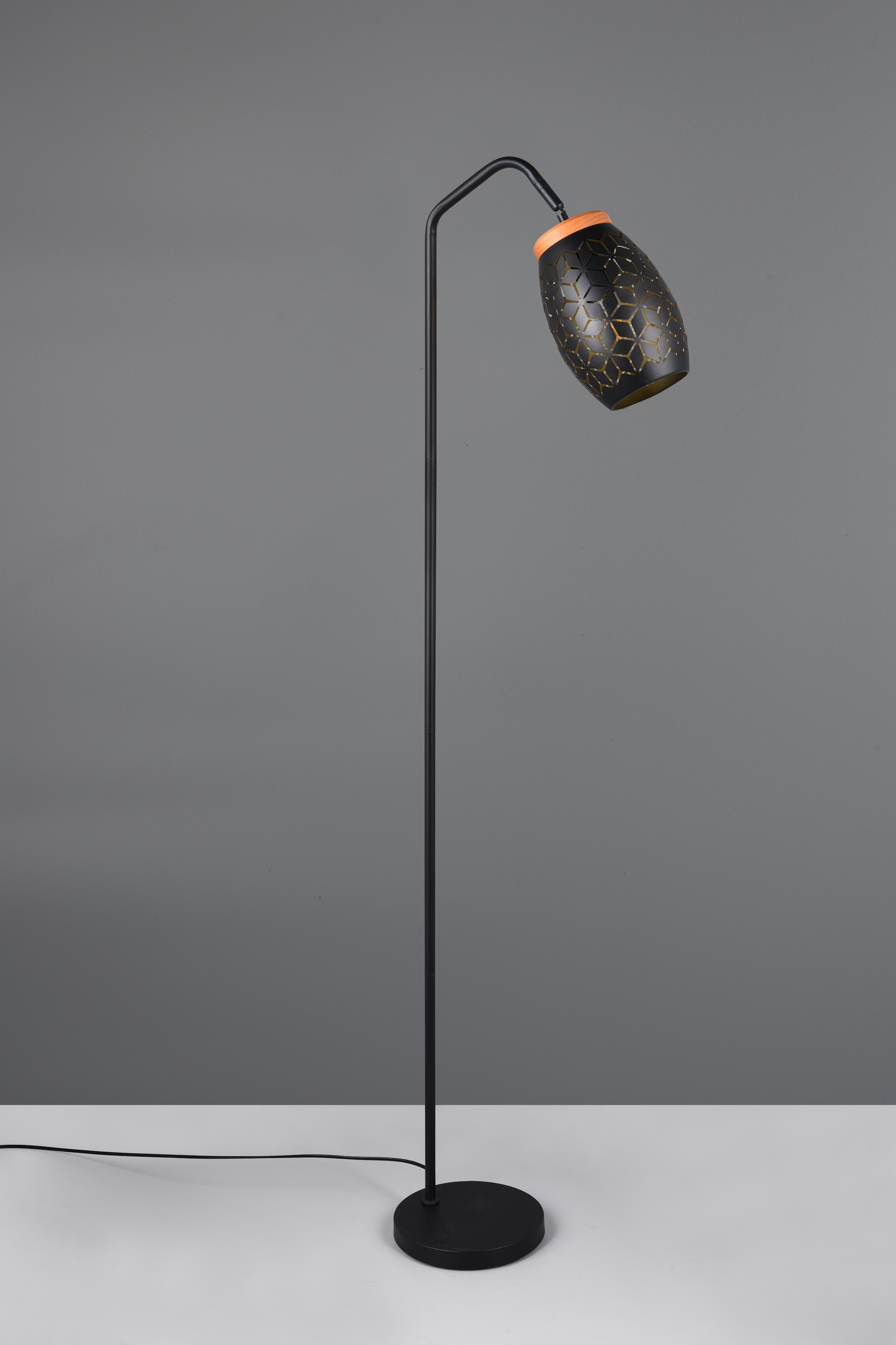 REALITY Leuchten Stehlampe »BIDAR, Stehleuchte Höhe 147 cm mit Fußschalter, exkl 1x E27 max 10W«, 1 flammig, Leuchtmittel E27 | Leuchtmittel wechselbar, Metall-Lampenschirm mit Lasercut Muster und Holz-Dekoelement