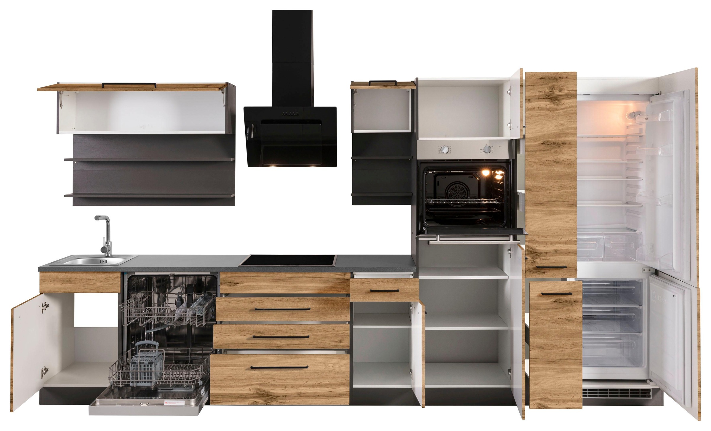 KOCHSTATION Küchenzeile »KS-Tulsa«, mit E-Geräten, Breite 380 cm, schwarze Metallgriffe, MDF Fronten