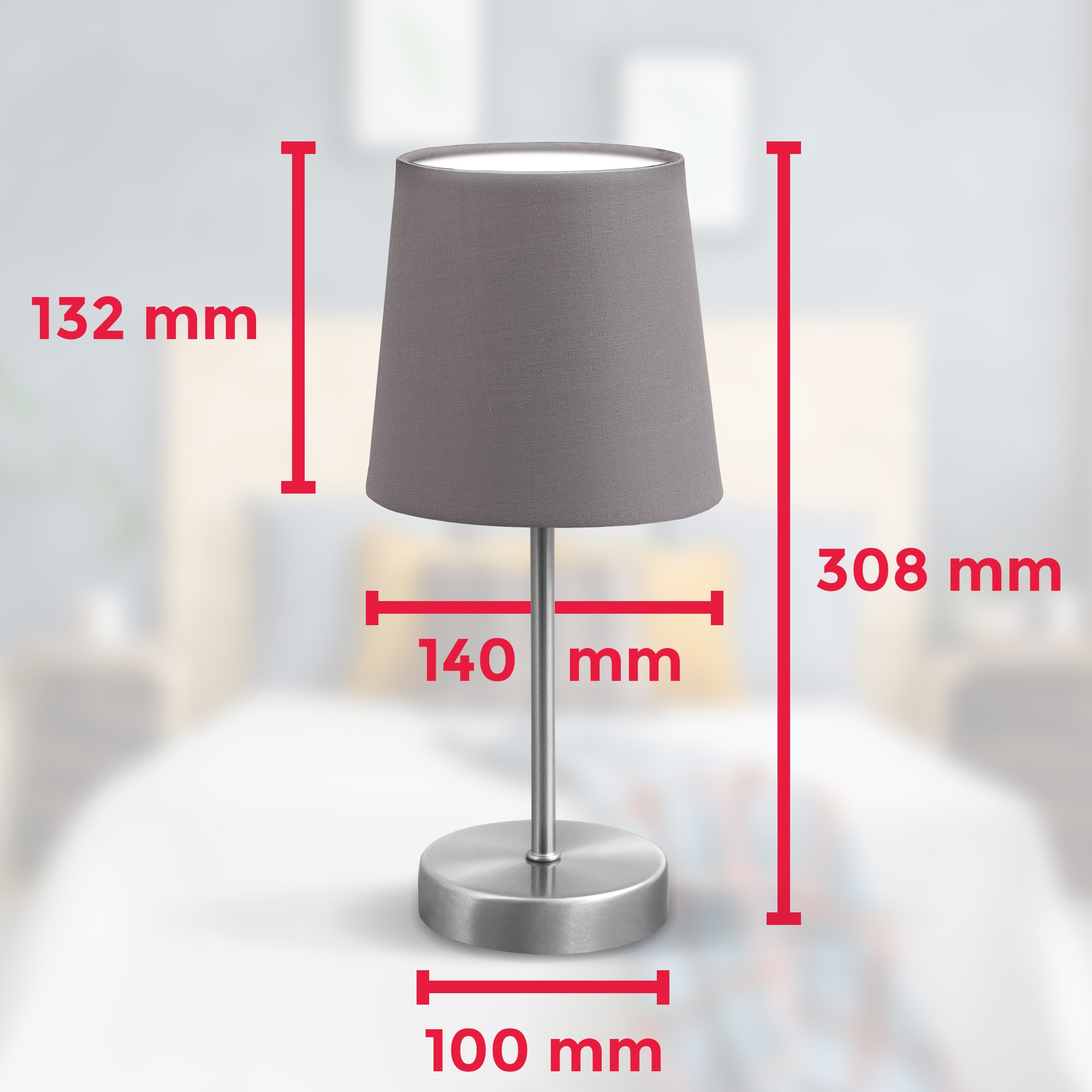 B.K.Licht Tischleuchte, 1 flammig, Leuchtmittel E14 | ohne Leuchtmittel, Tischlampe, Stoff, Nachttisch-Leuchte, Wohnzimmerlampe, E14, grau